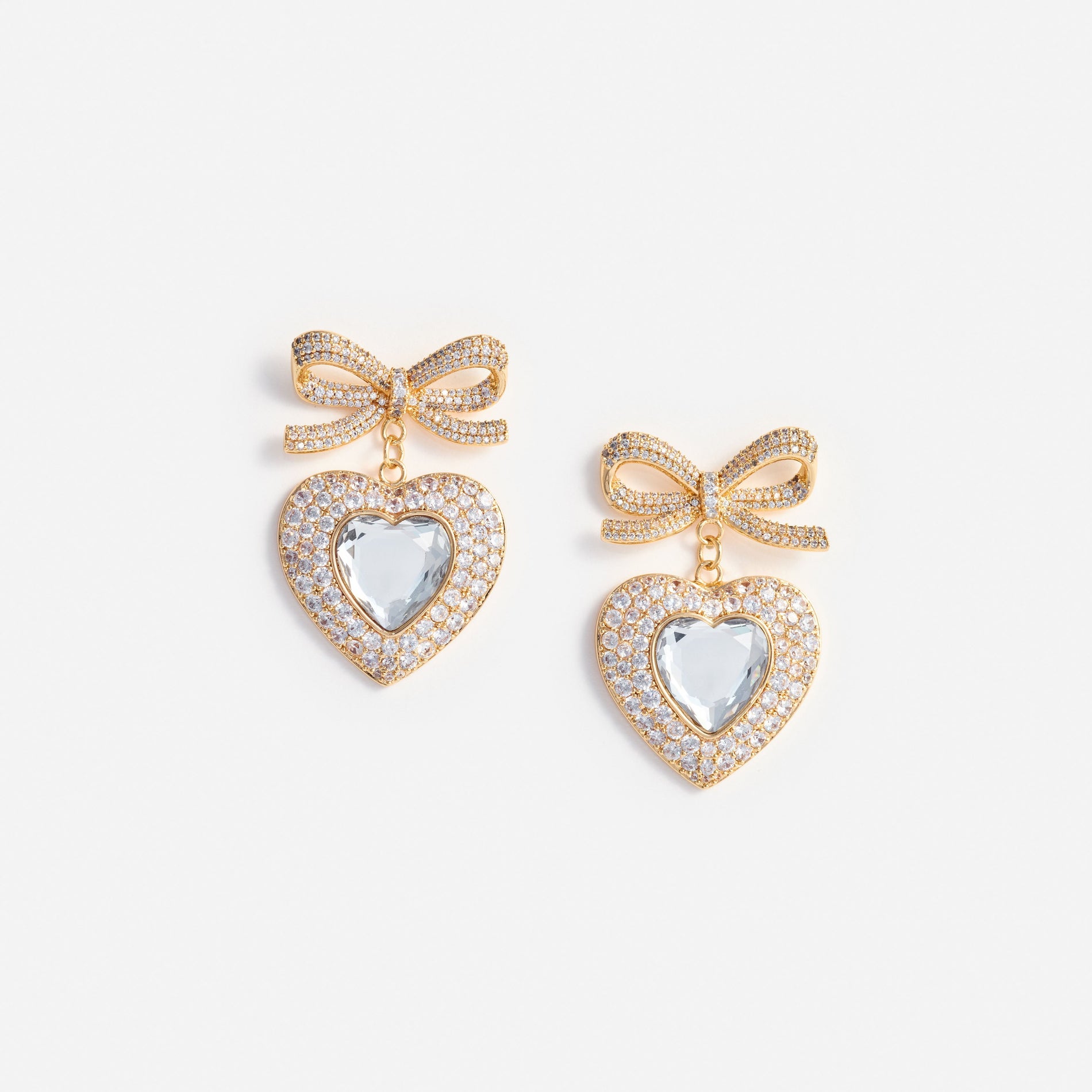 Gold Bow Crystal Heart Earrings