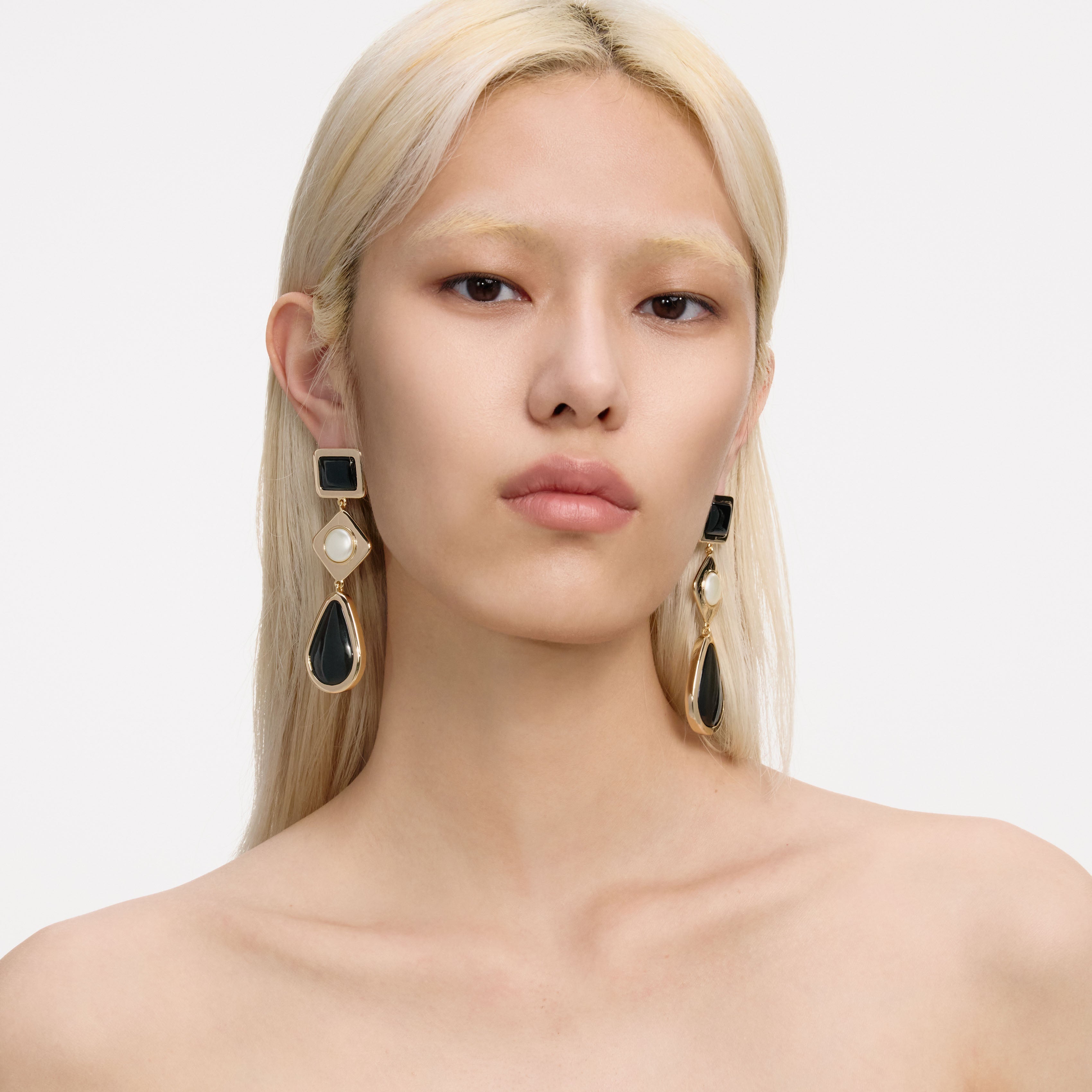 Black Enamel Gold Three Tiered Earrings