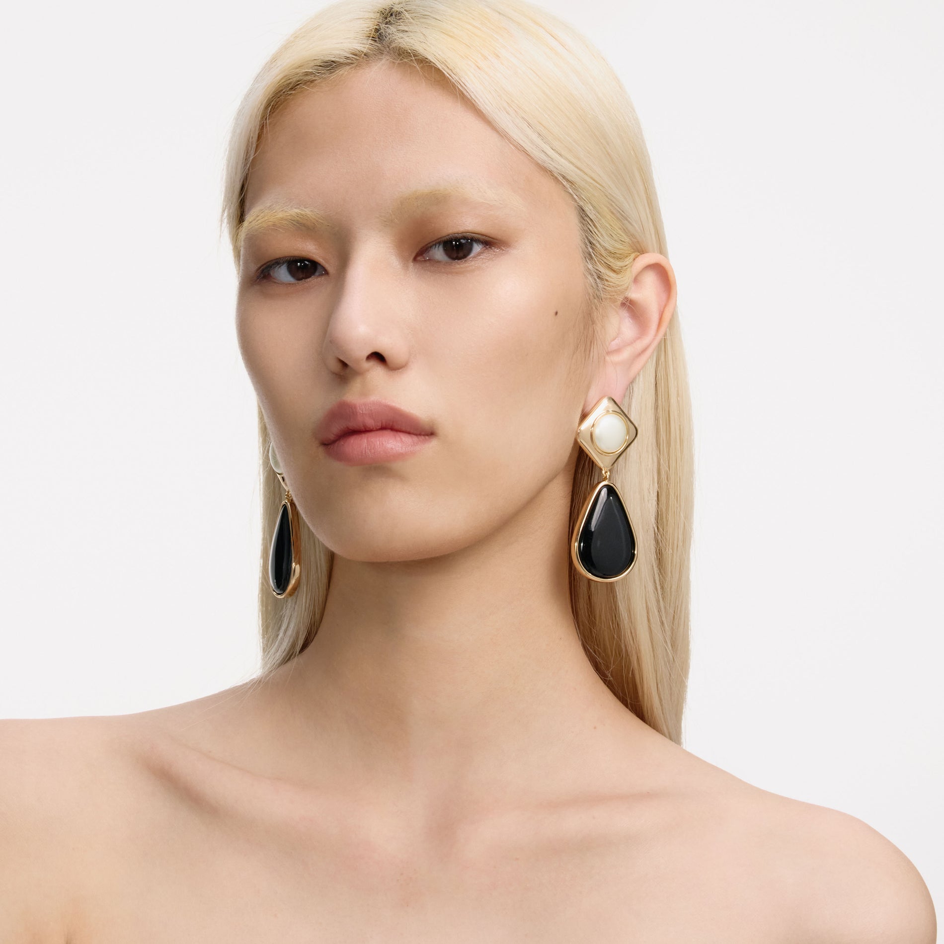 Black Enamel Gold Two Tiered Earrings