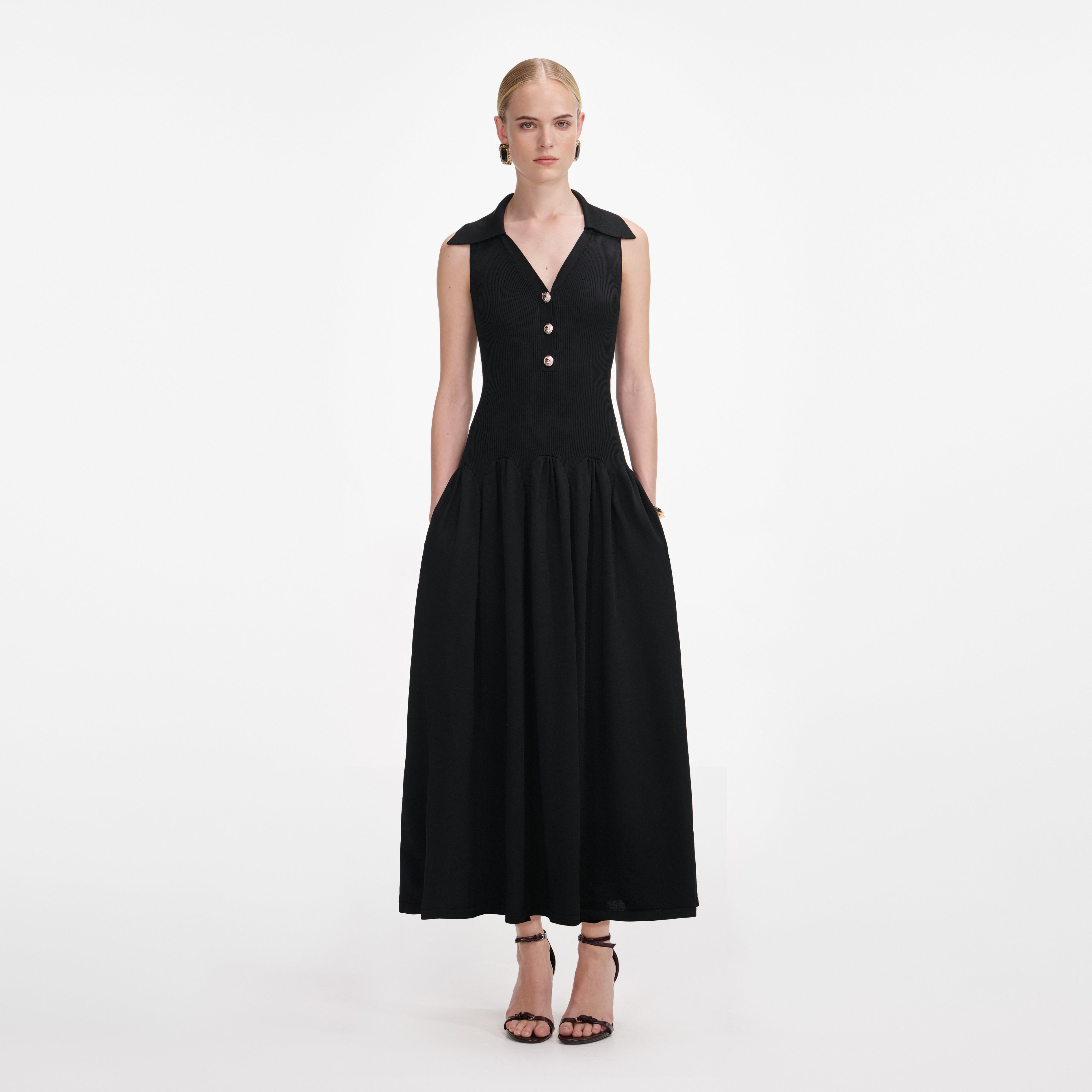 Black Ribbed Knit Midi Dress