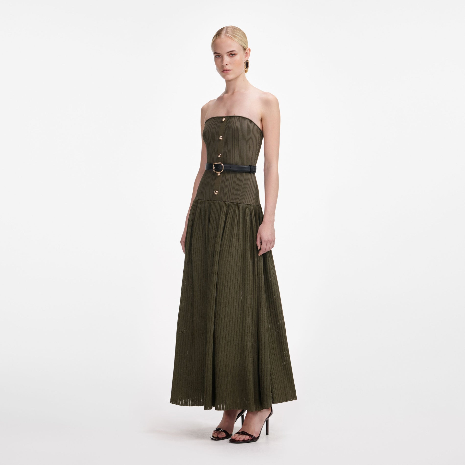 Side view of a woman wearing the Khaki Bandeau Knit Midi Dress