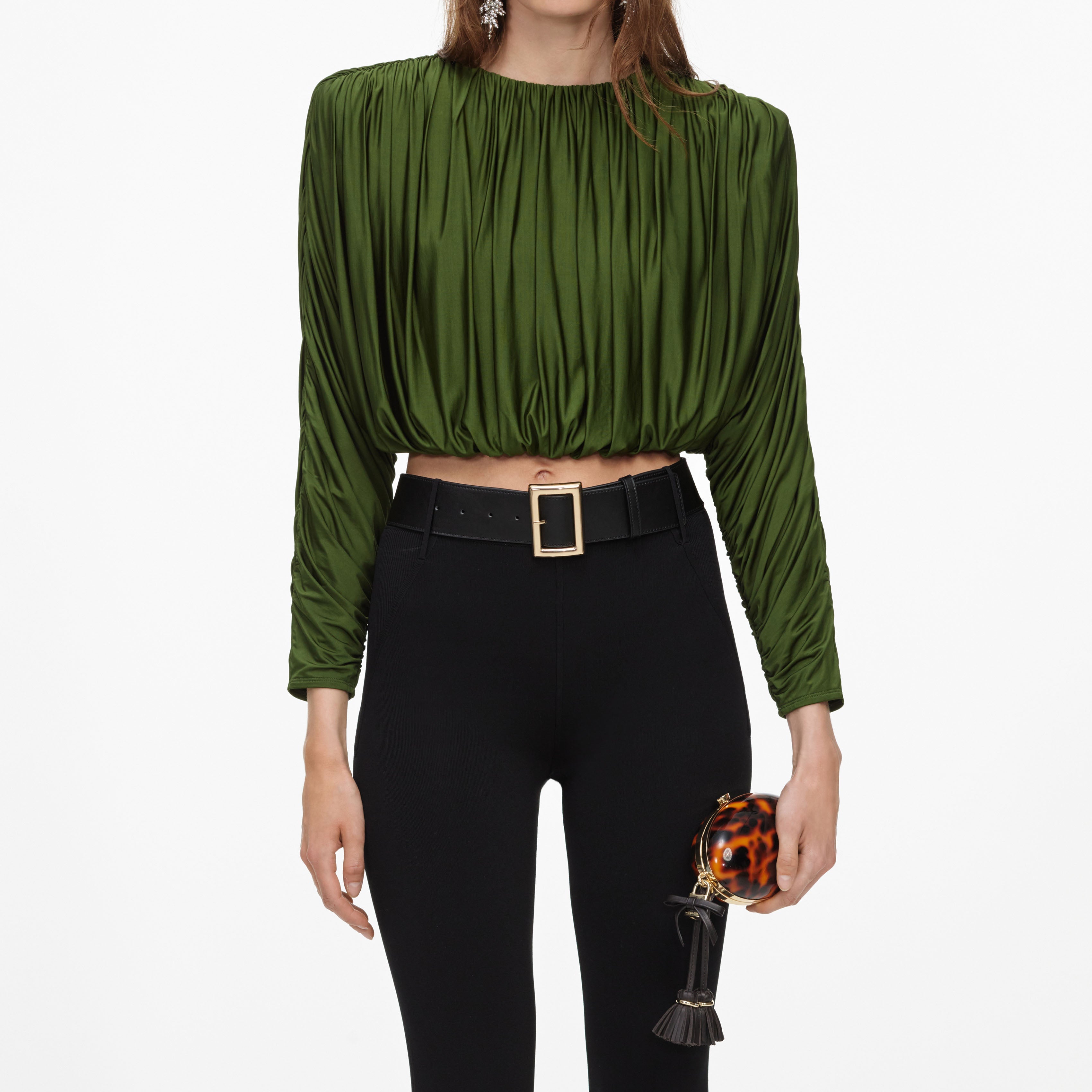 Olive Jersey Gathered Top