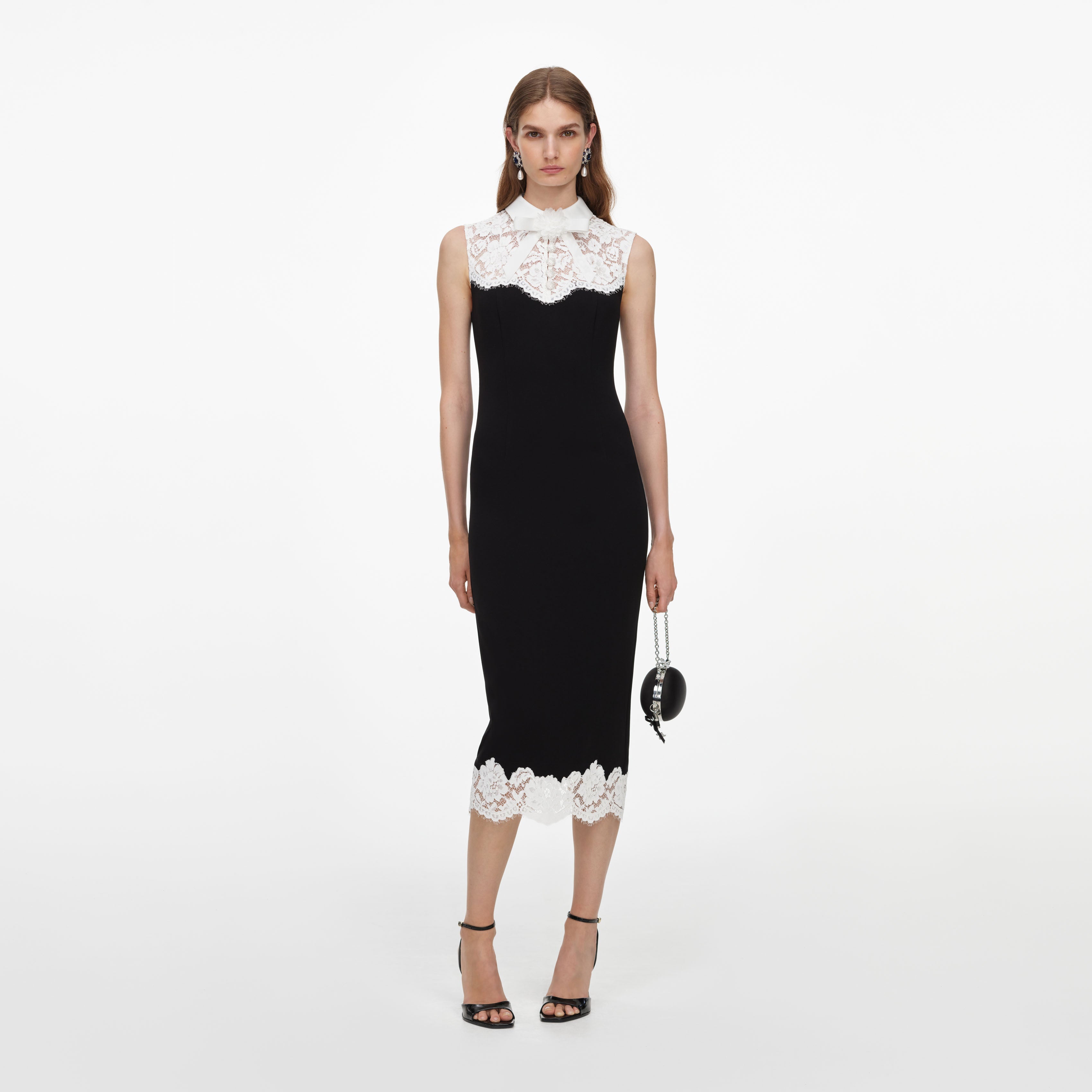 Black Contrast Lace Bodice Midi Dress