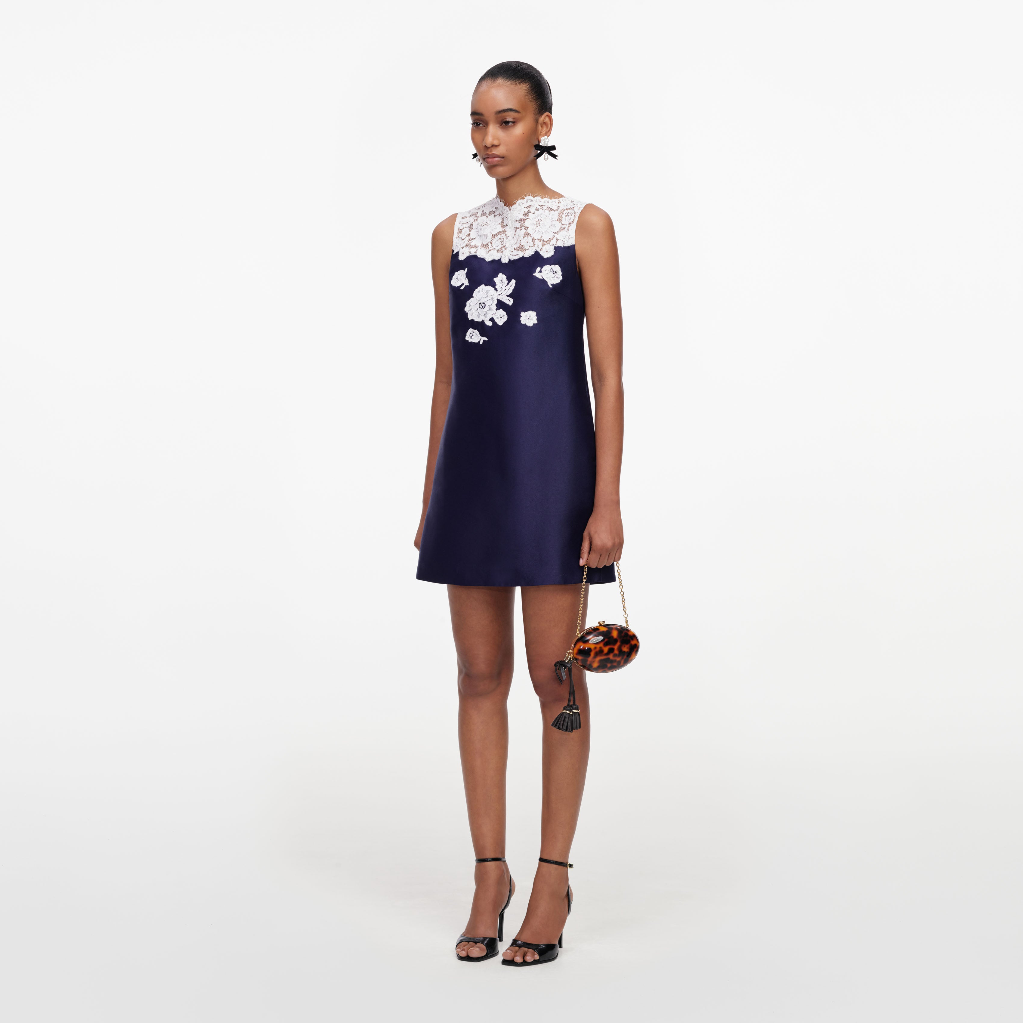 Navy Taffeta Lace Mini Dress
