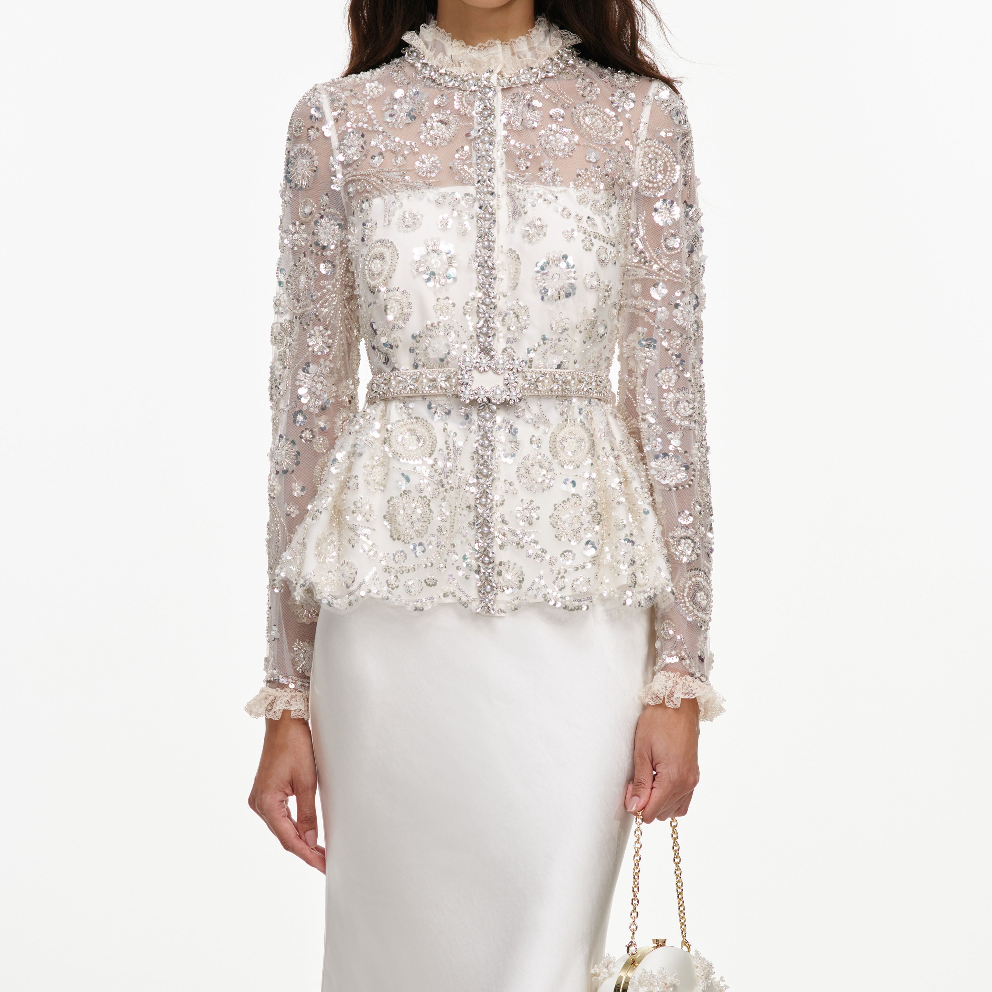 Cream Sequin Embellished Satin Maxi Dress