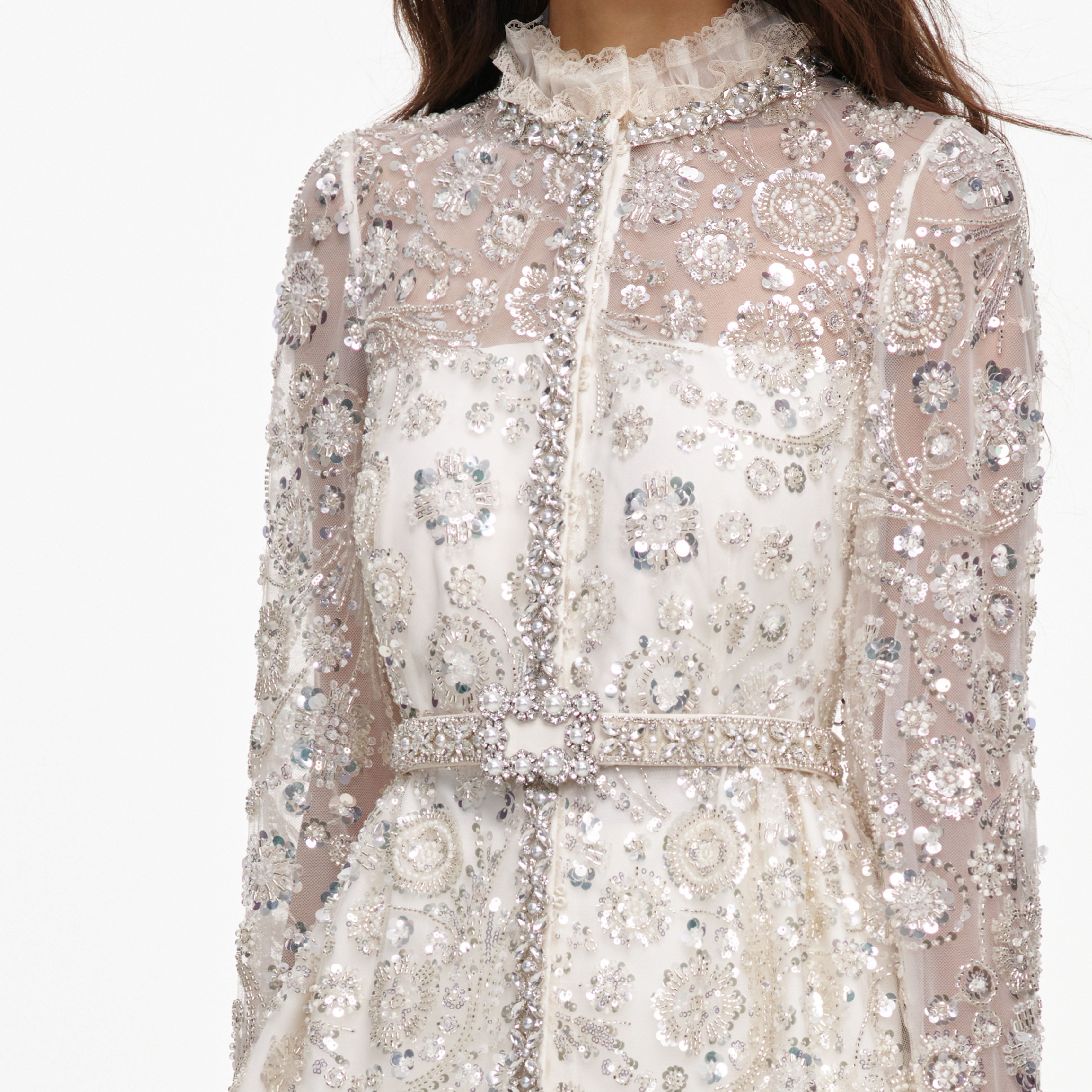 Cream Sequin Embellished Satin Maxi Dress