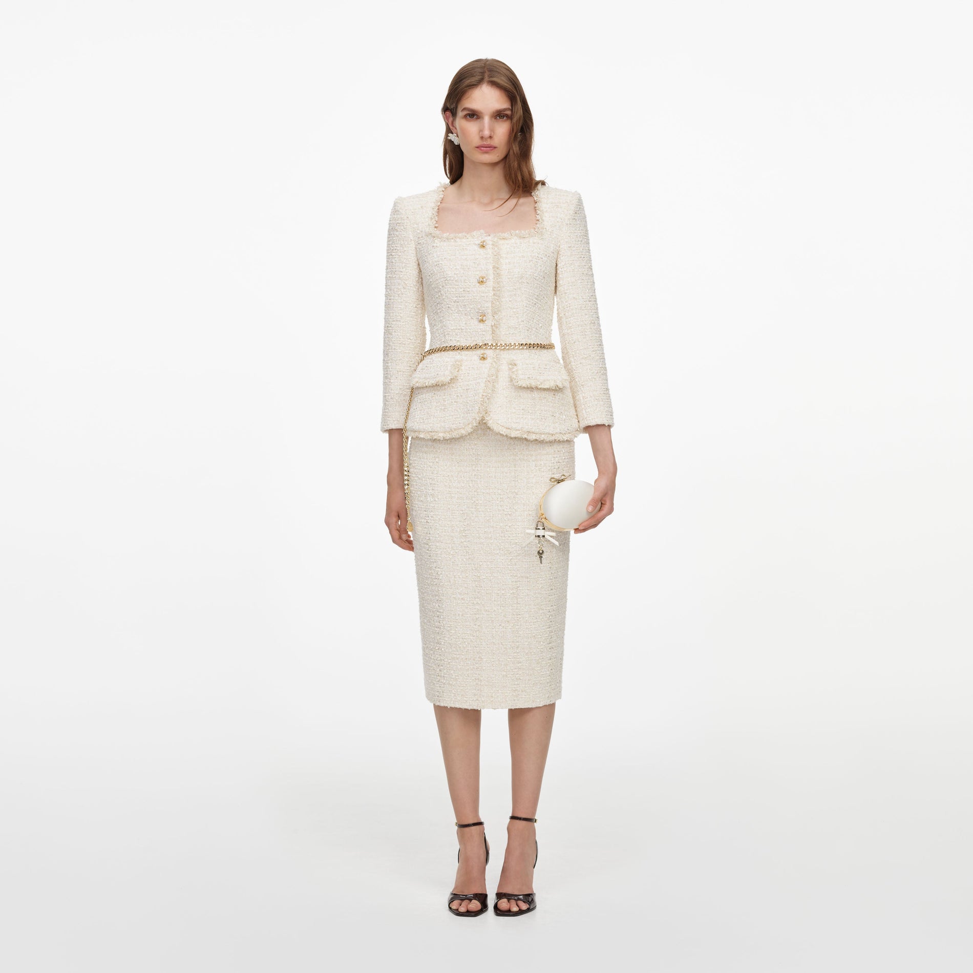 Cream Boucle Tailored Chain Midi Dress