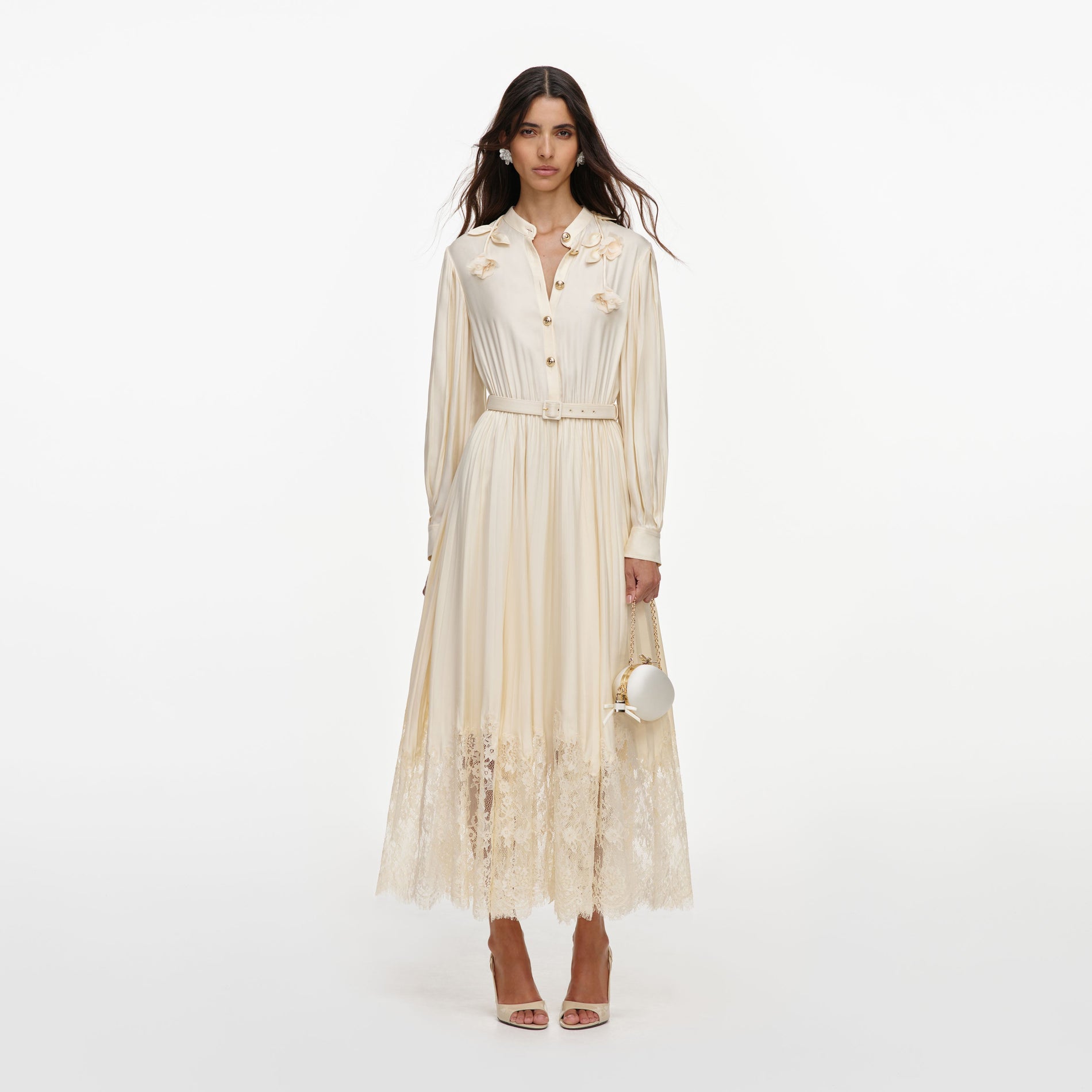 Yellow Viscose Lace Pleated Midi Dress