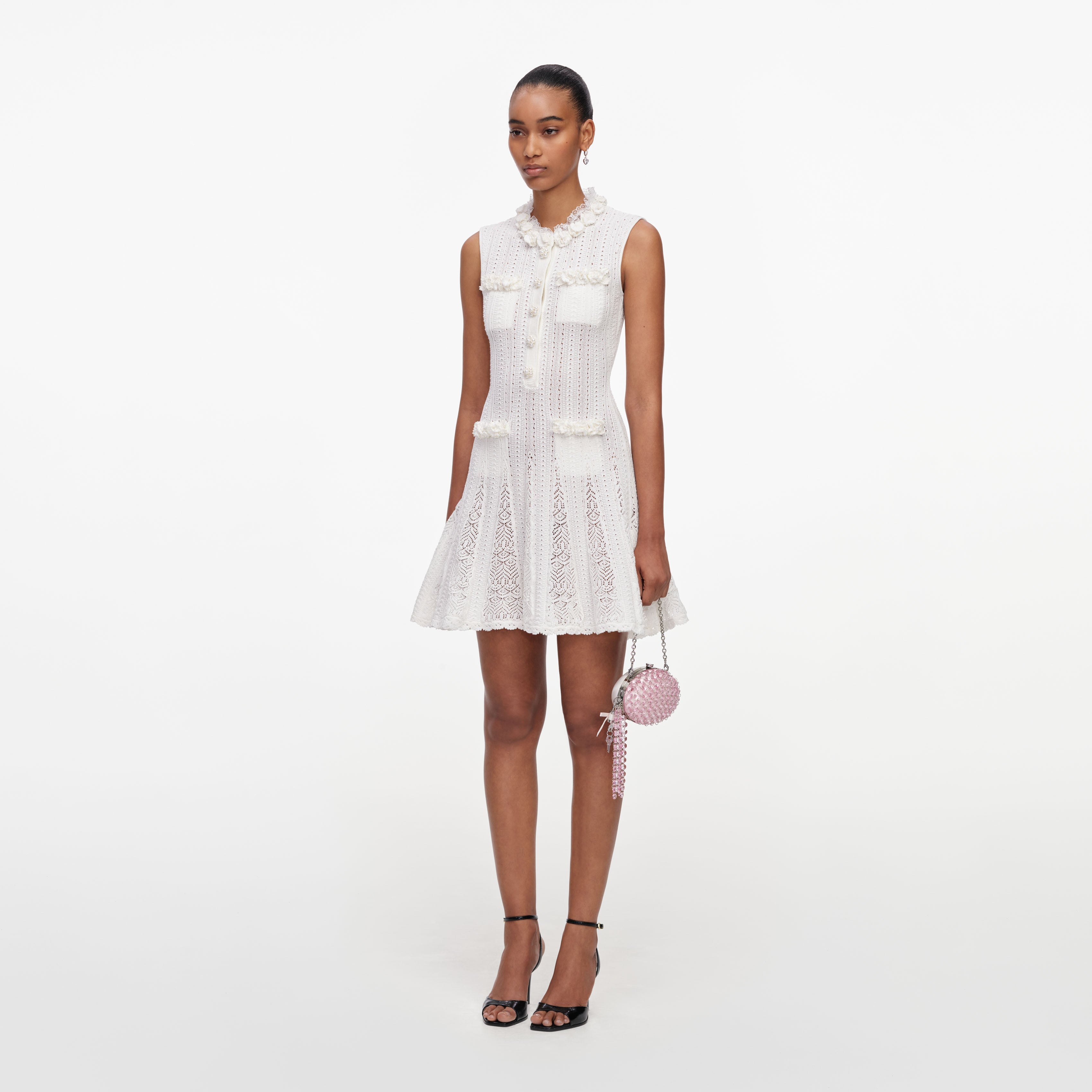 White Flower Trim Knit Mini Dress