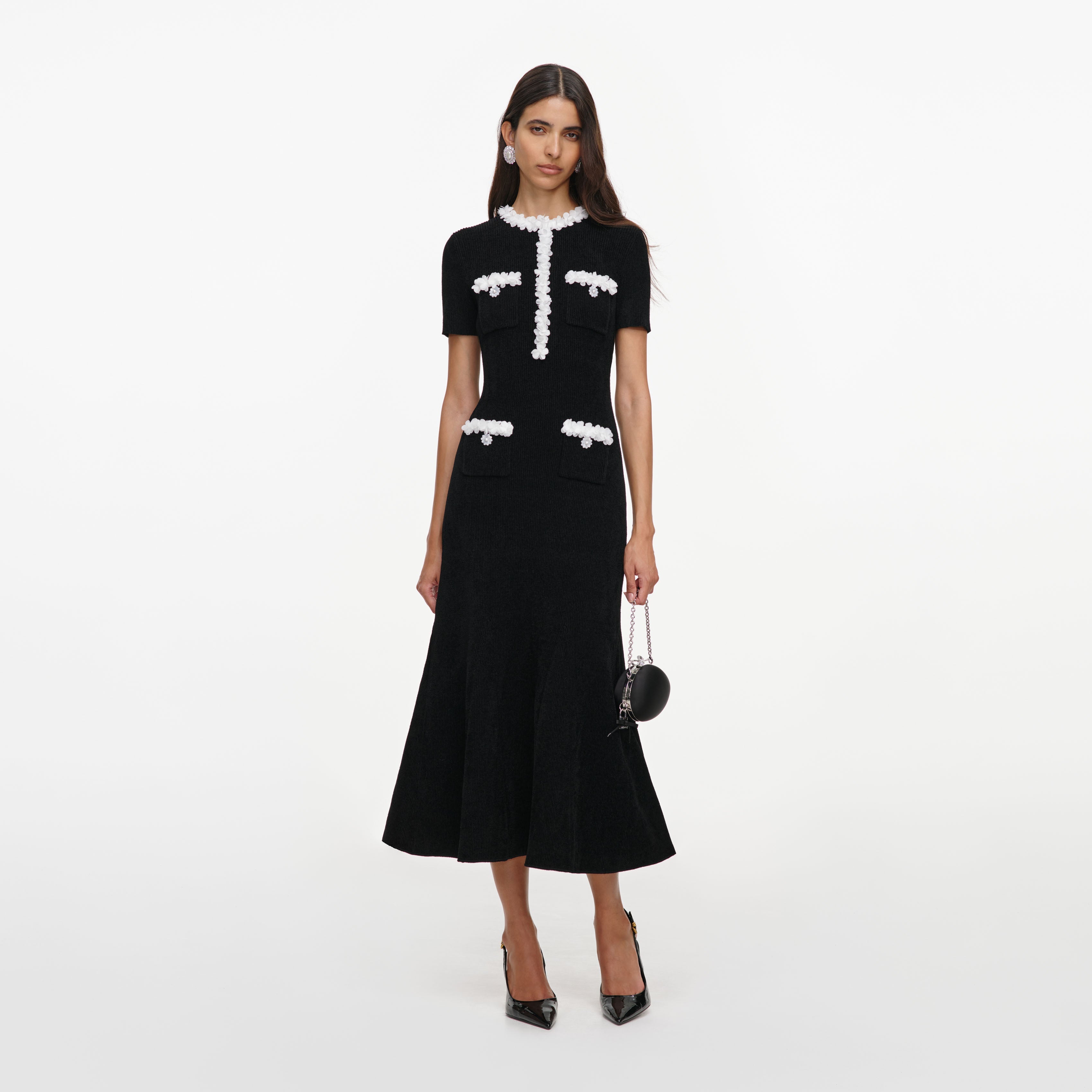 Black Chenille Knit Flower Trim Midi Dress