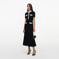 Black Chenille Knit Flower Trim Midi Dress