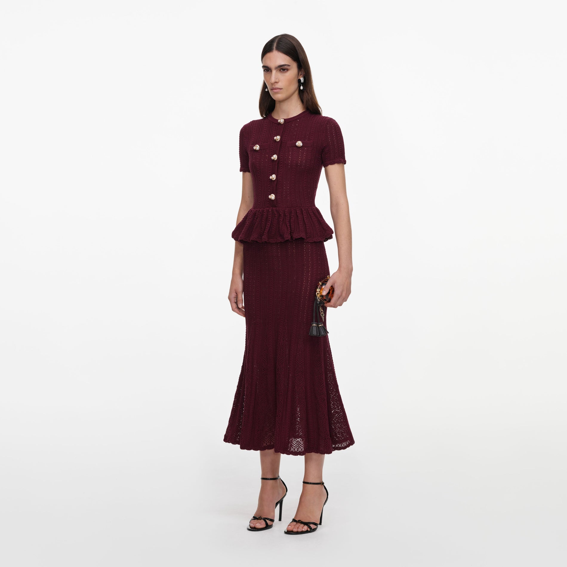 Burgundy Pointelle Peplum Knit Midi Dress