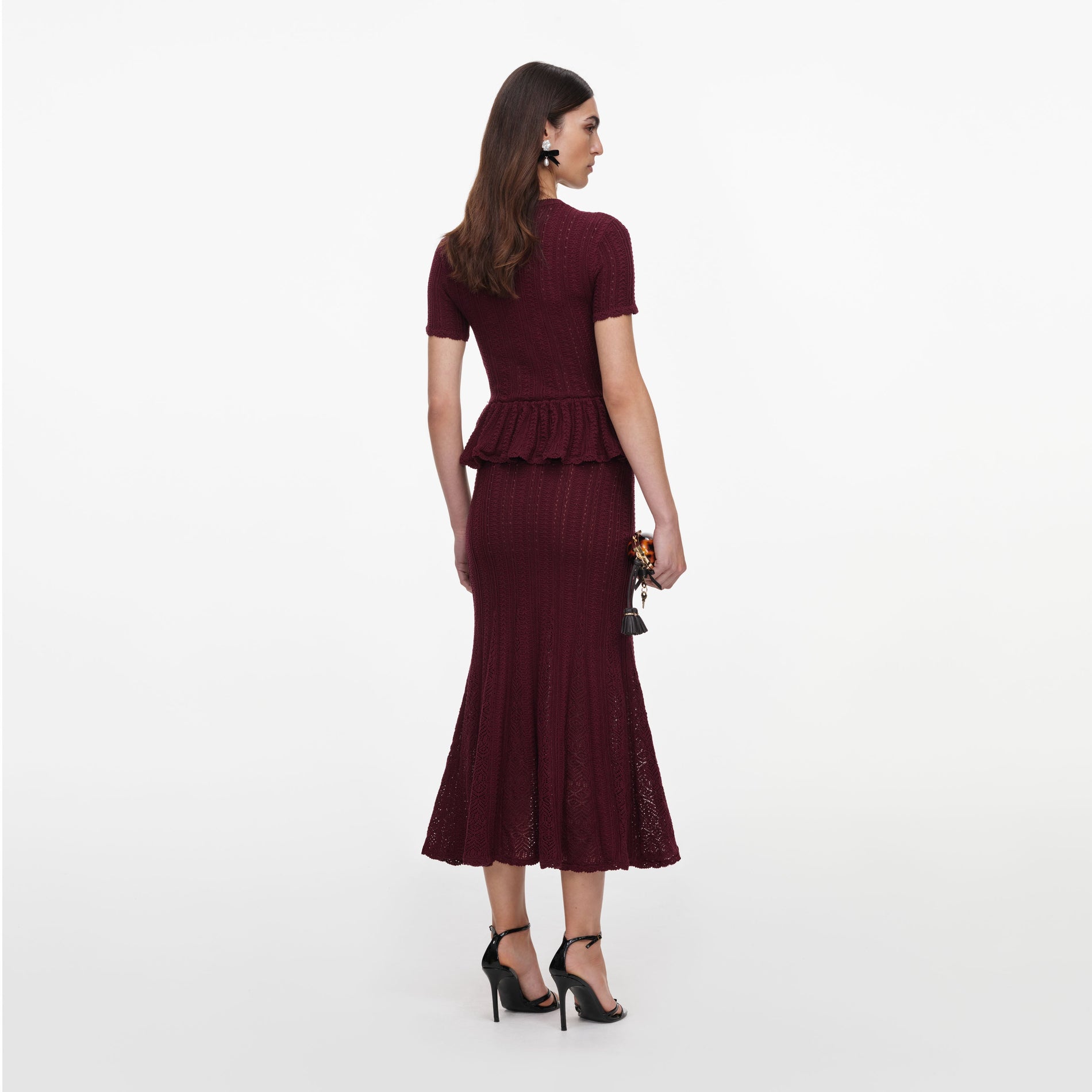 Burgundy Pointelle Peplum Knit Midi Dress