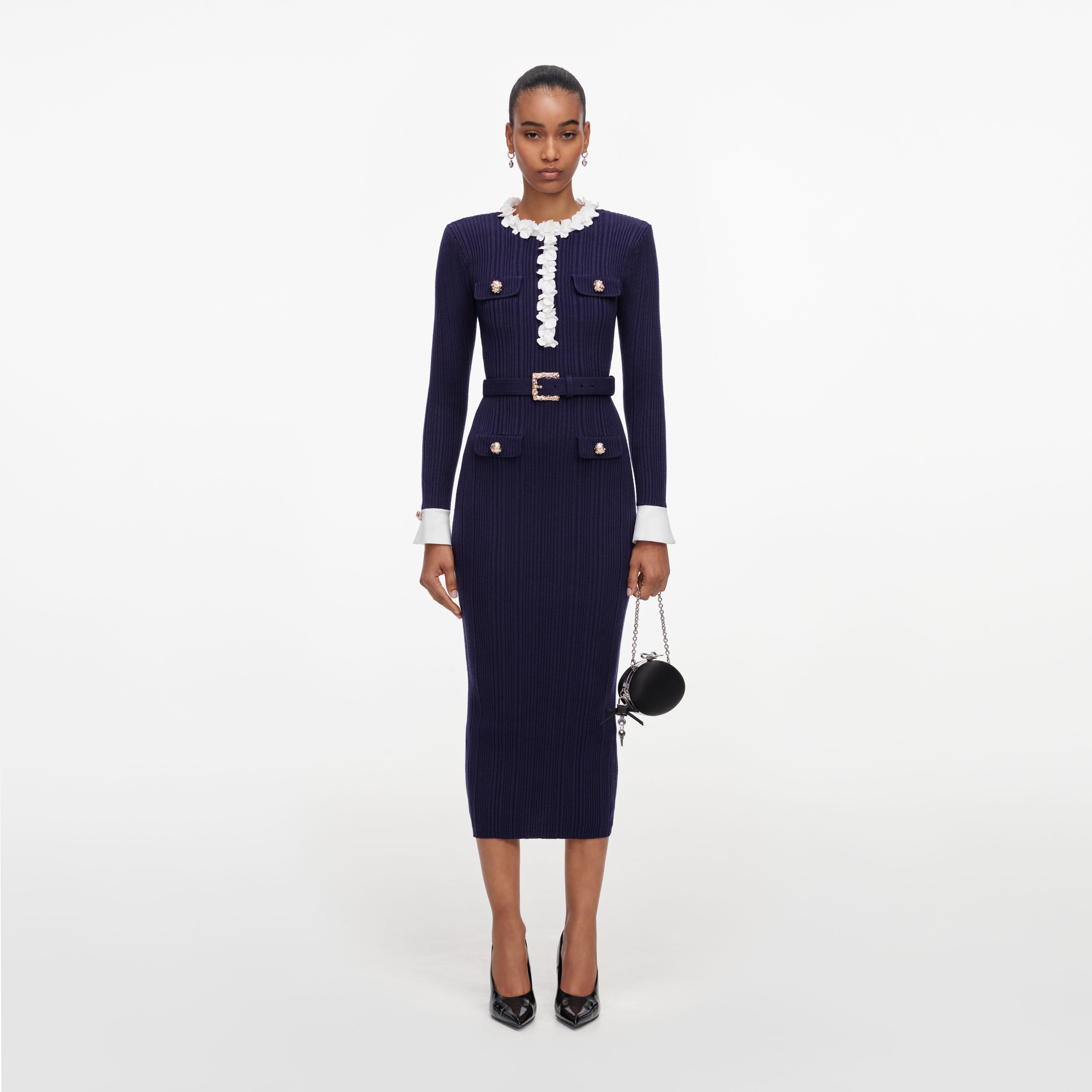 Navy Flower Rib Knit Midi Dress