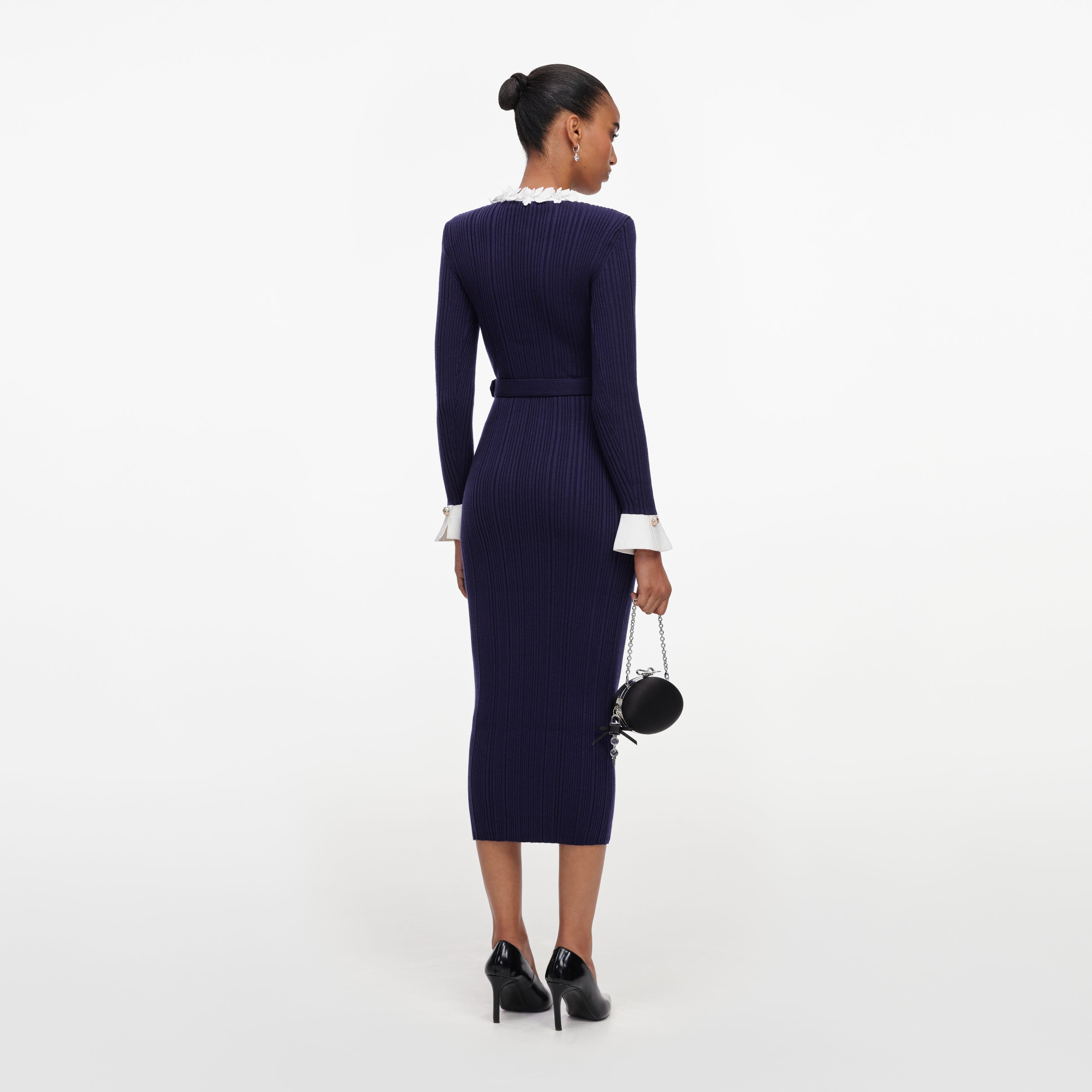 Navy Flower Rib Knit Midi Dress