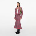Red Check Frayed Knit Midi Skirt