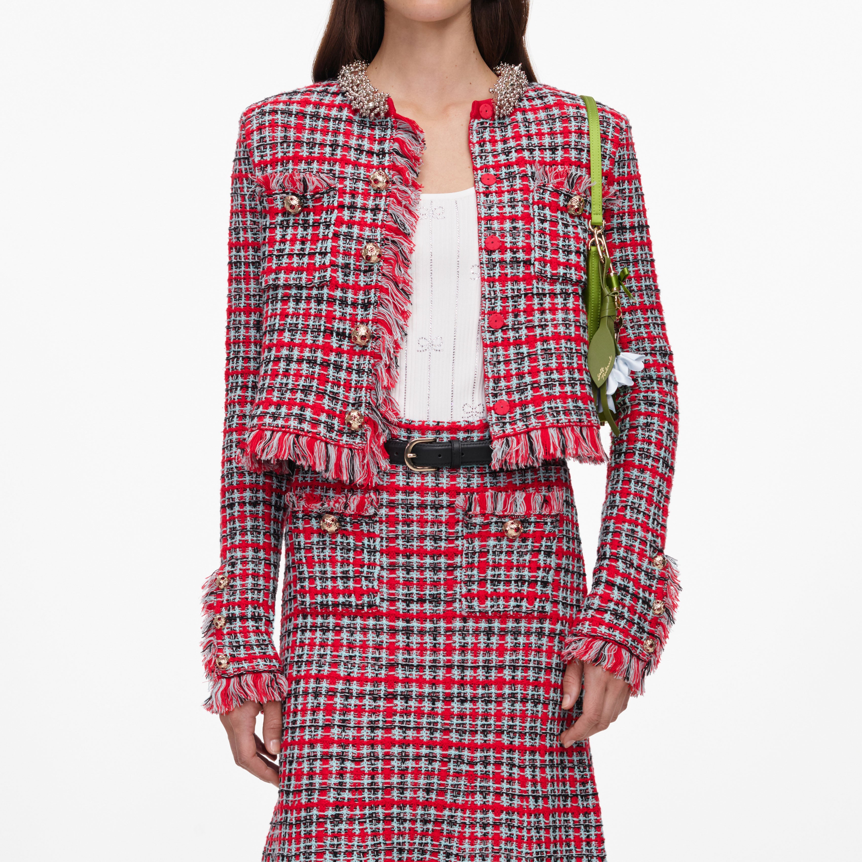 Red Check Frayed Knit Midi Skirt