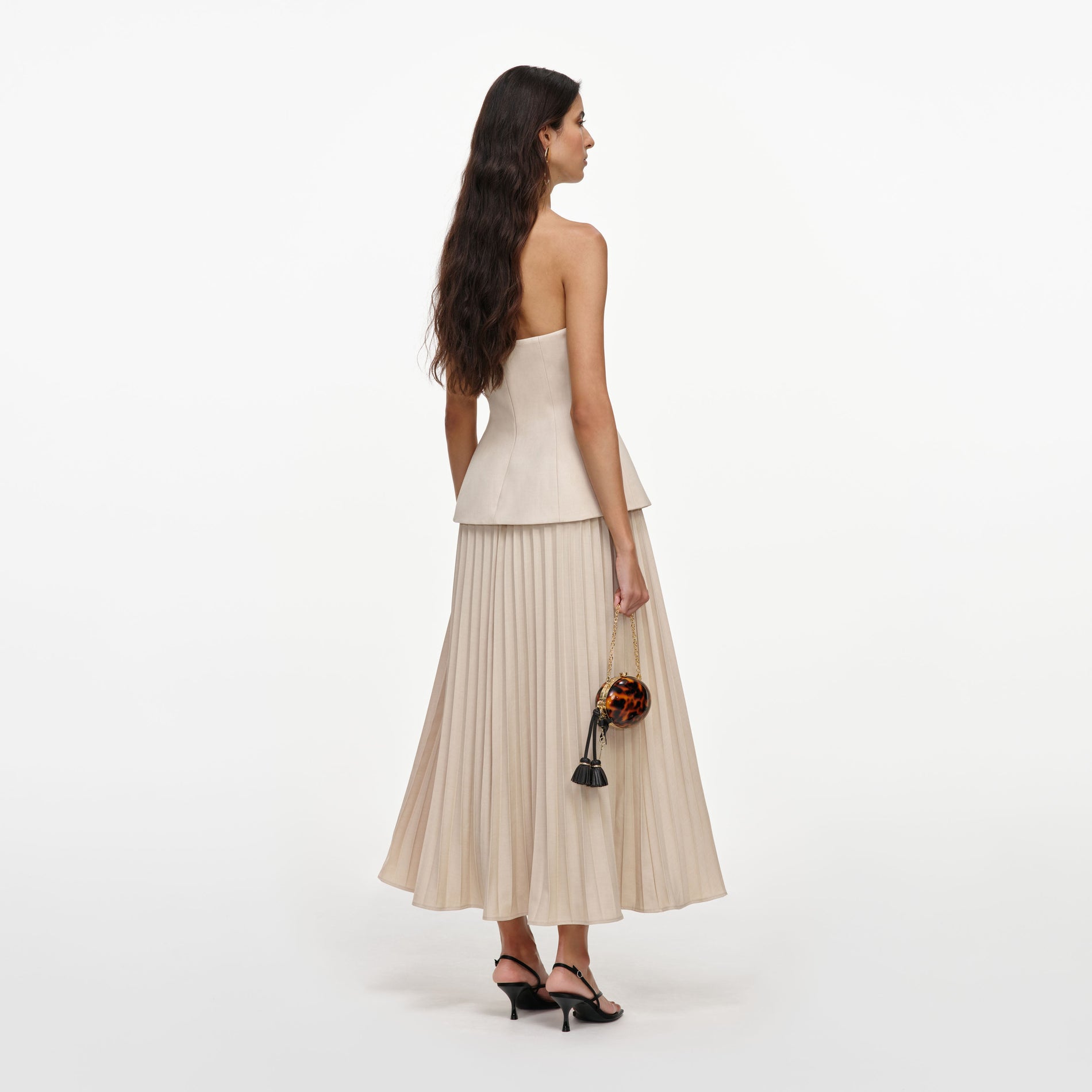 Beige Bandeau Pleated Midi Dress