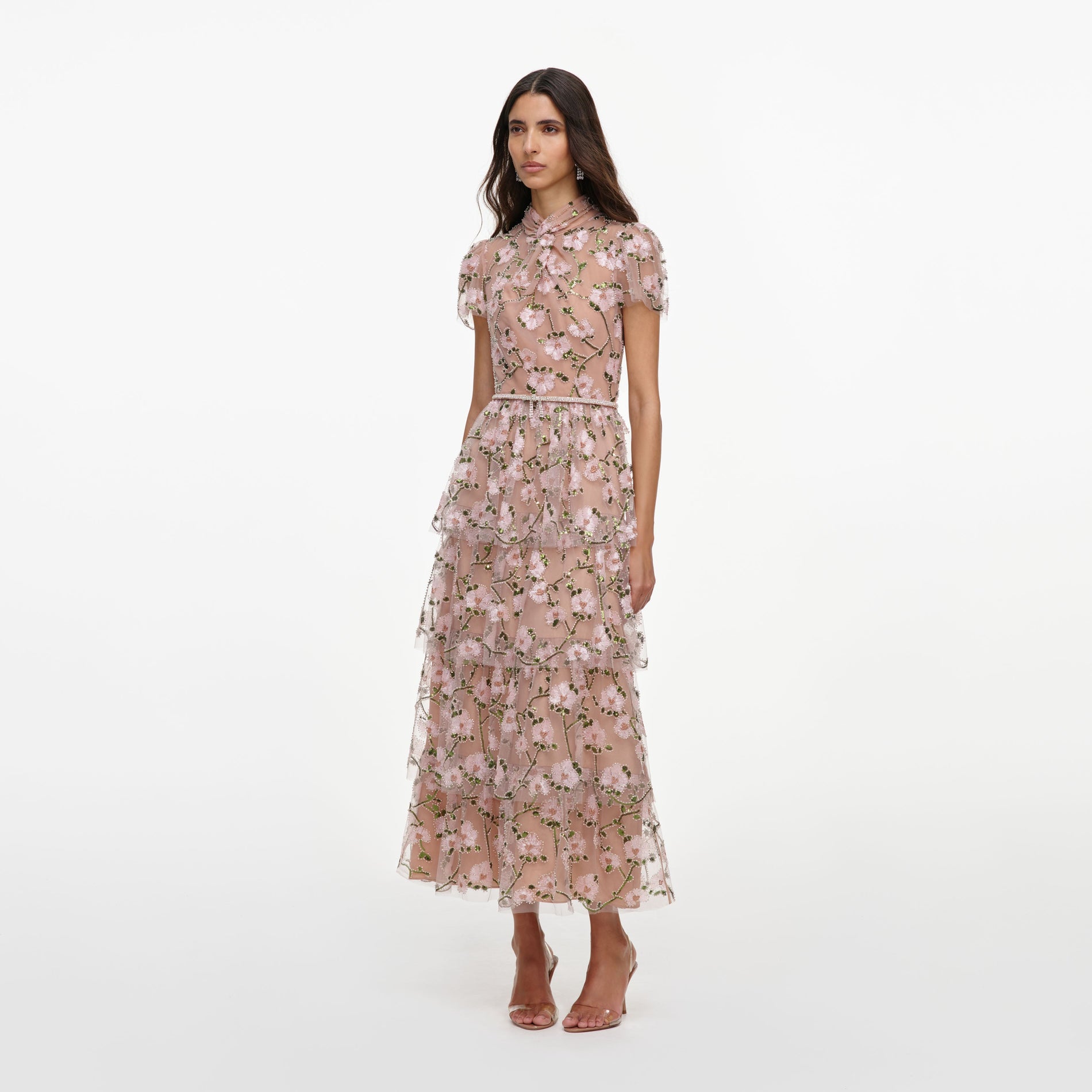 Pink Sequin Embellished Tiered Midi Dress