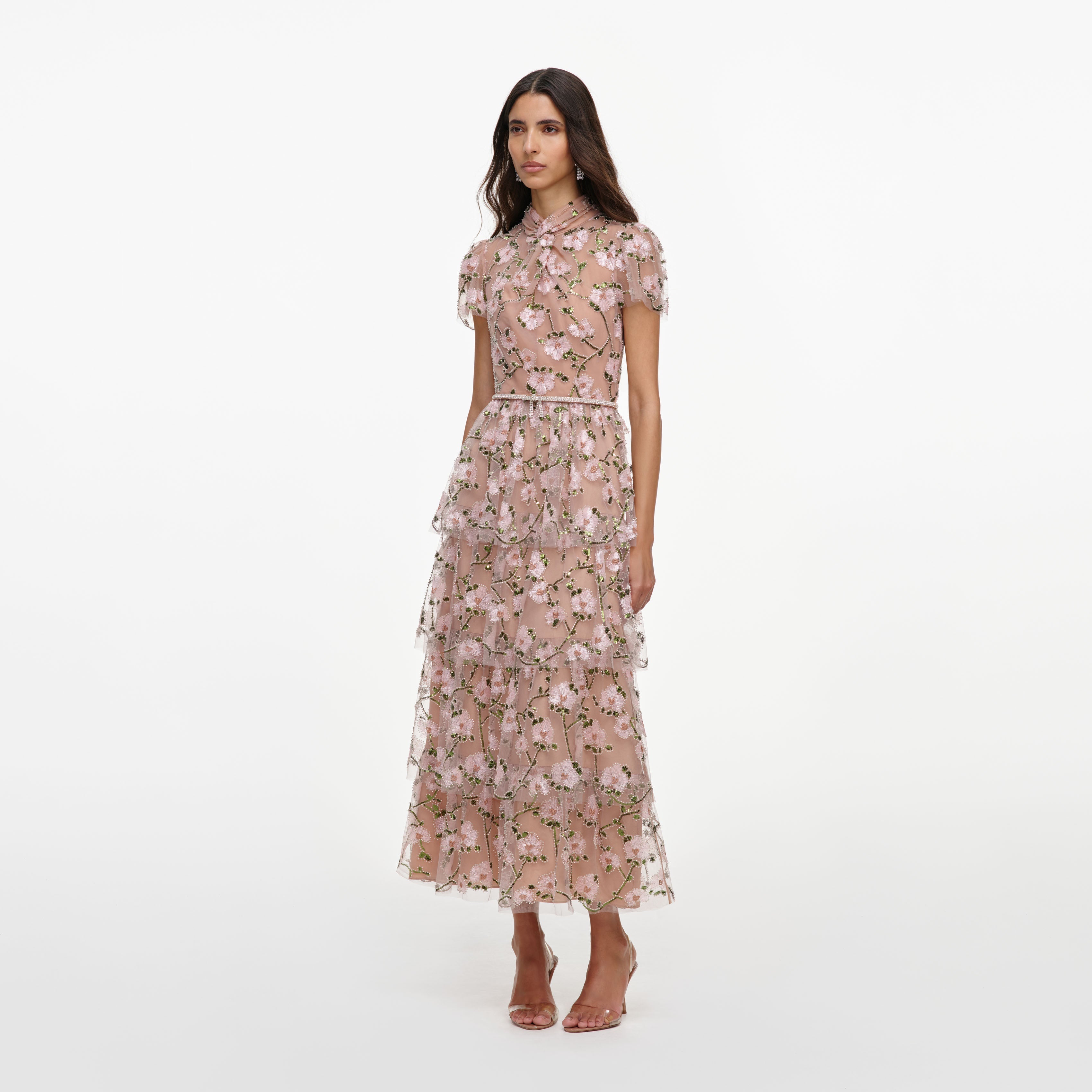 Pink Sequin Embellished Tiered Midi Dress