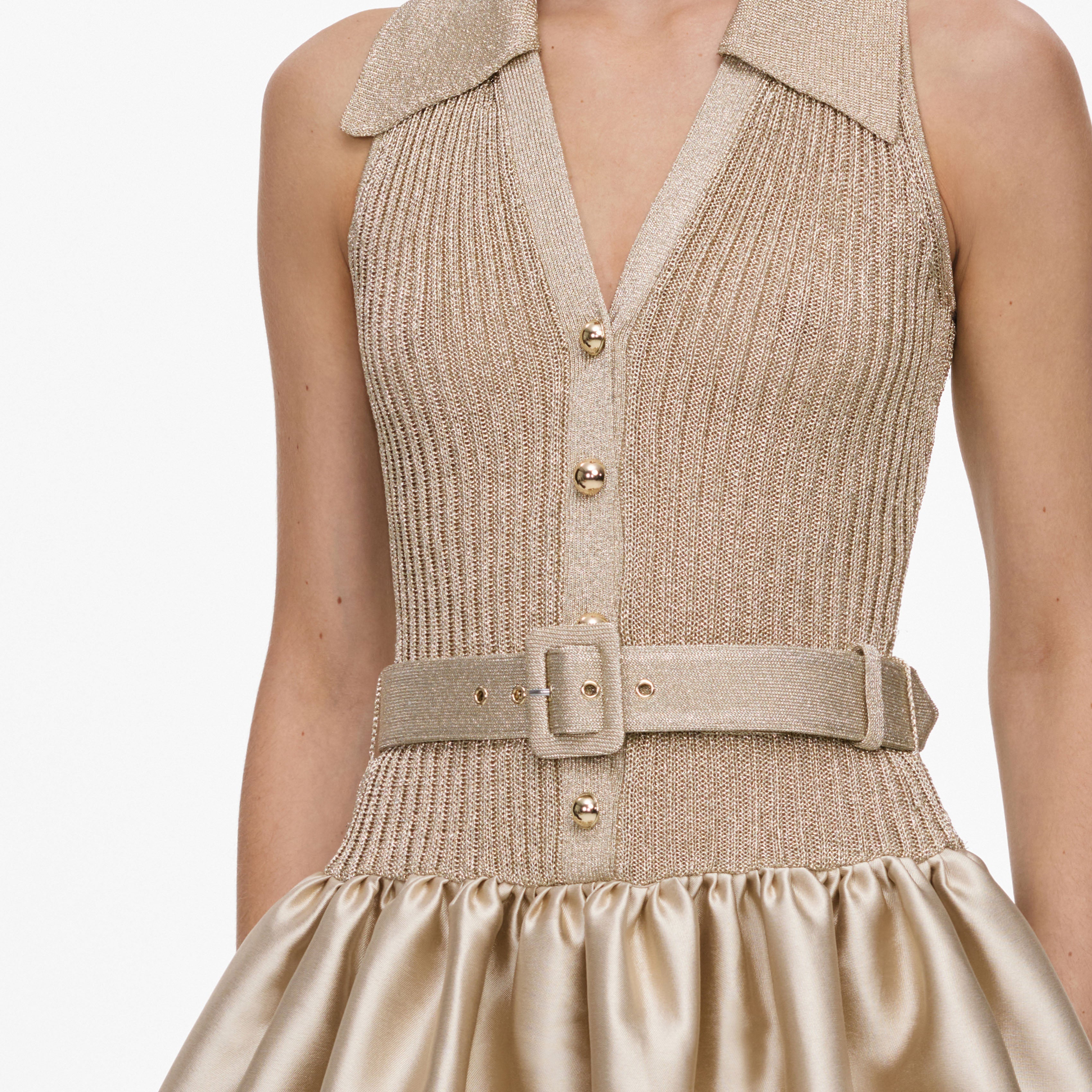 Gold Sleeveless Knit Taffeta Midi Dress
