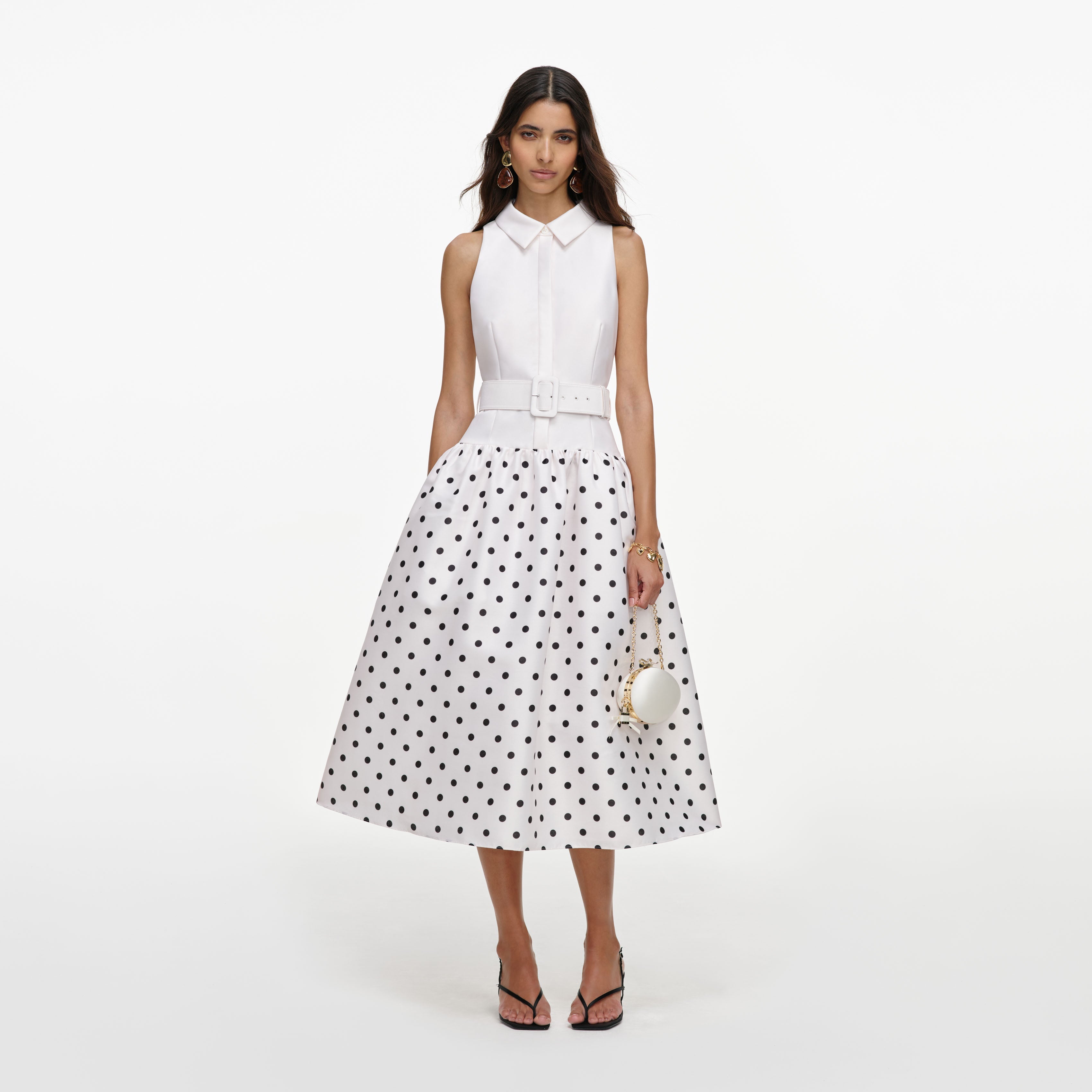 White Sleeveless Polka Dot Midi Dress