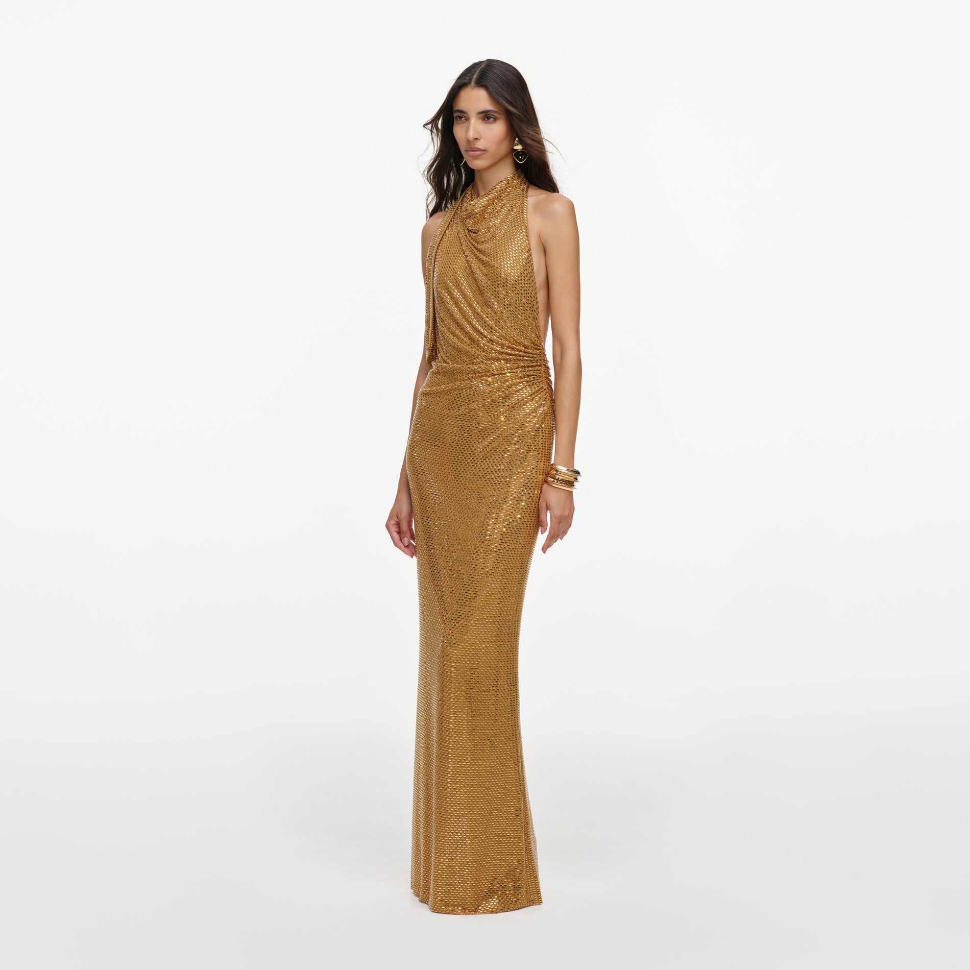 Gold Rhinestone Halter Maxi Dress
