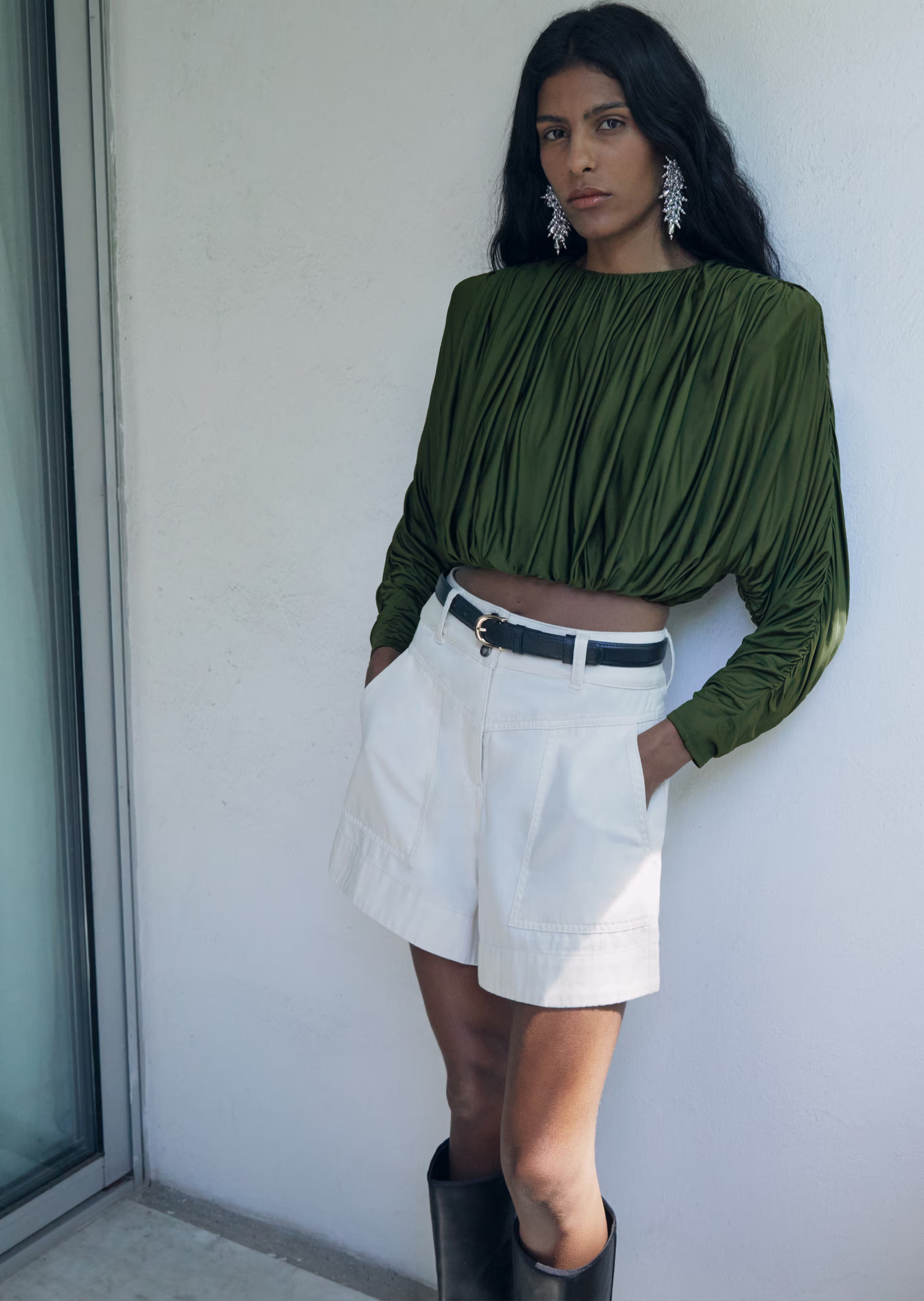 Olive Jersey Gathered Top