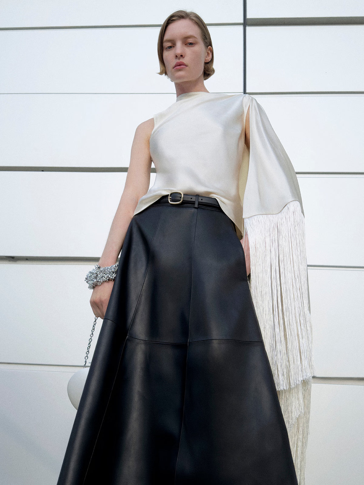 Cream Satin Fringed Scarf Top