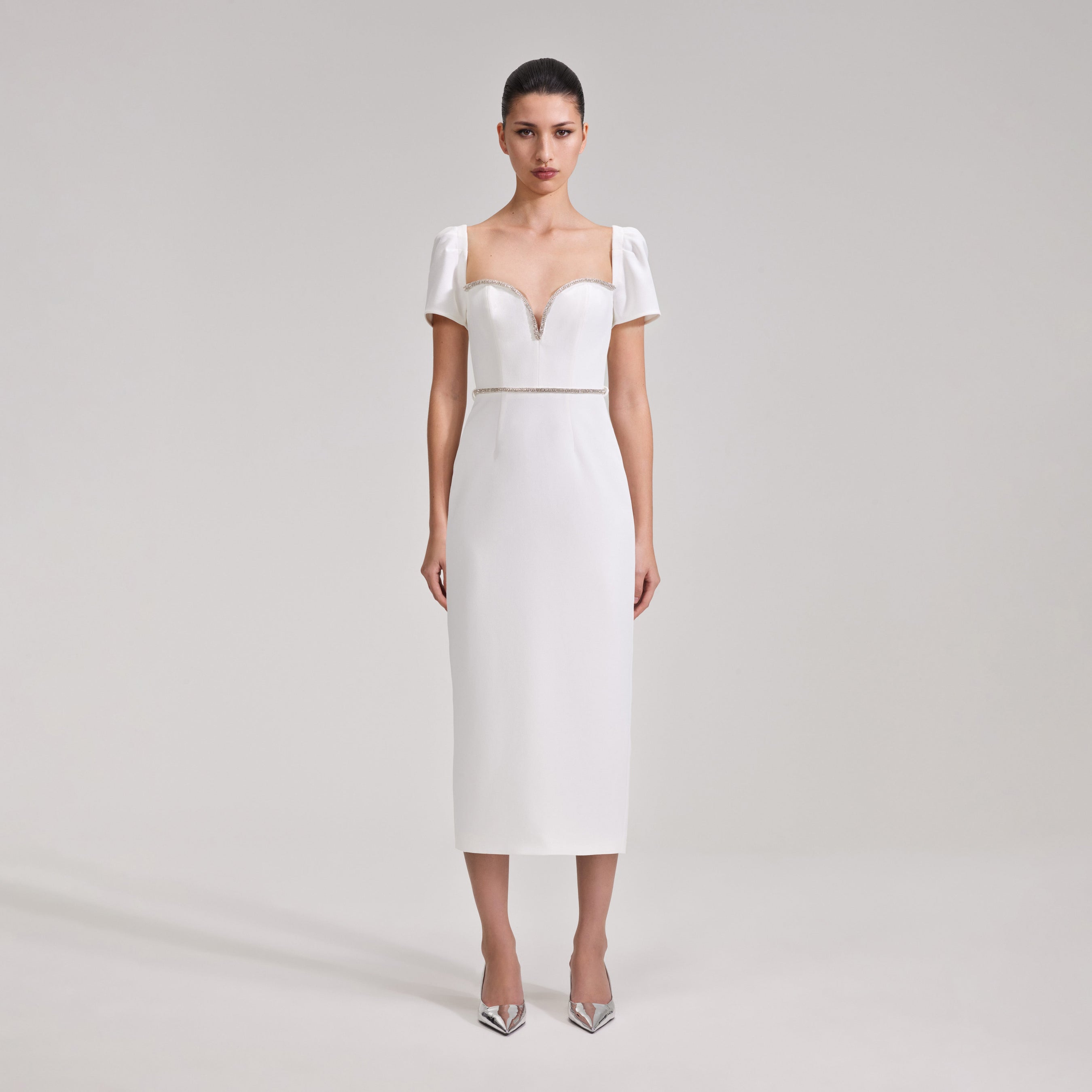 White Diamante Trim Split Midi Dress