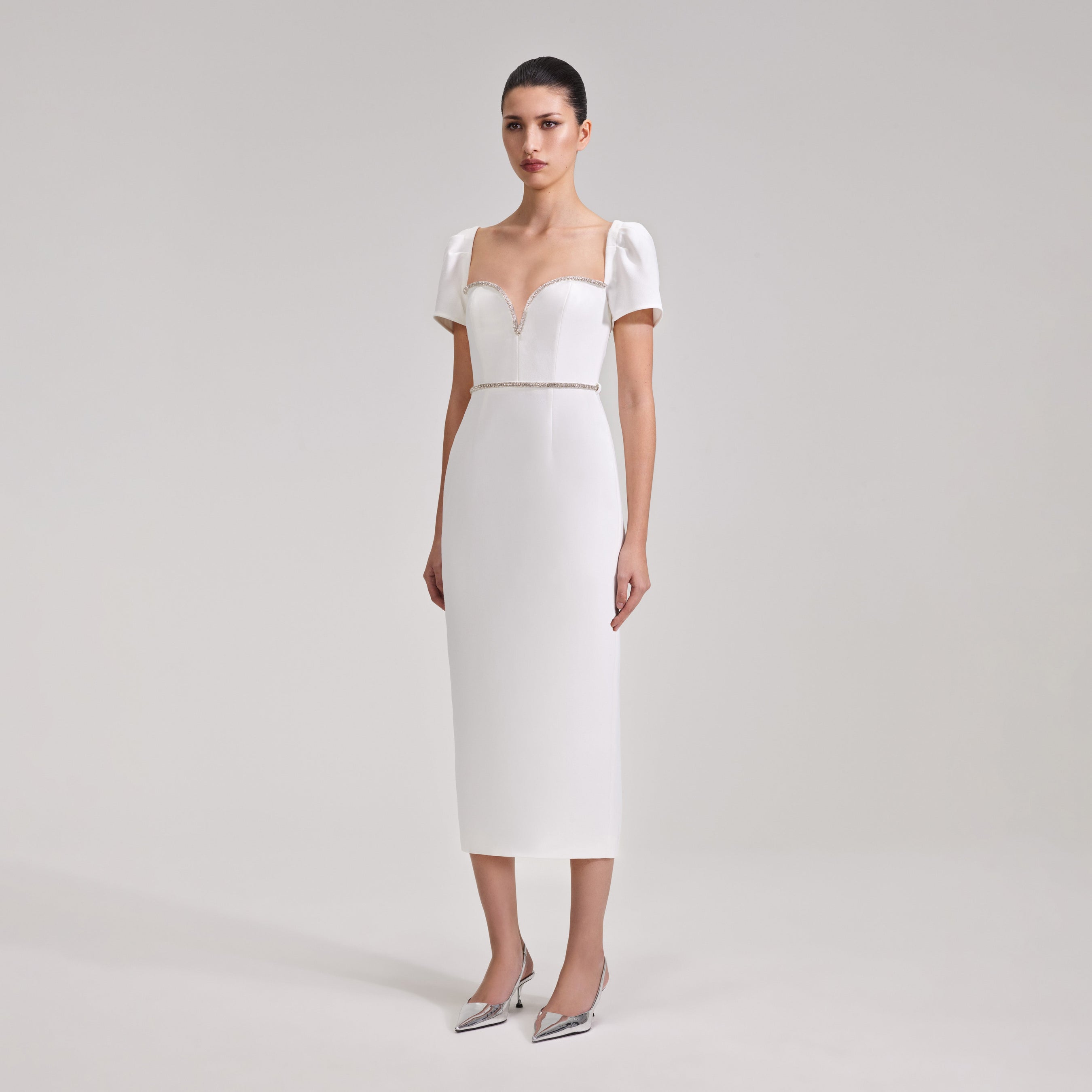 White Diamante Trim Split Midi Dress