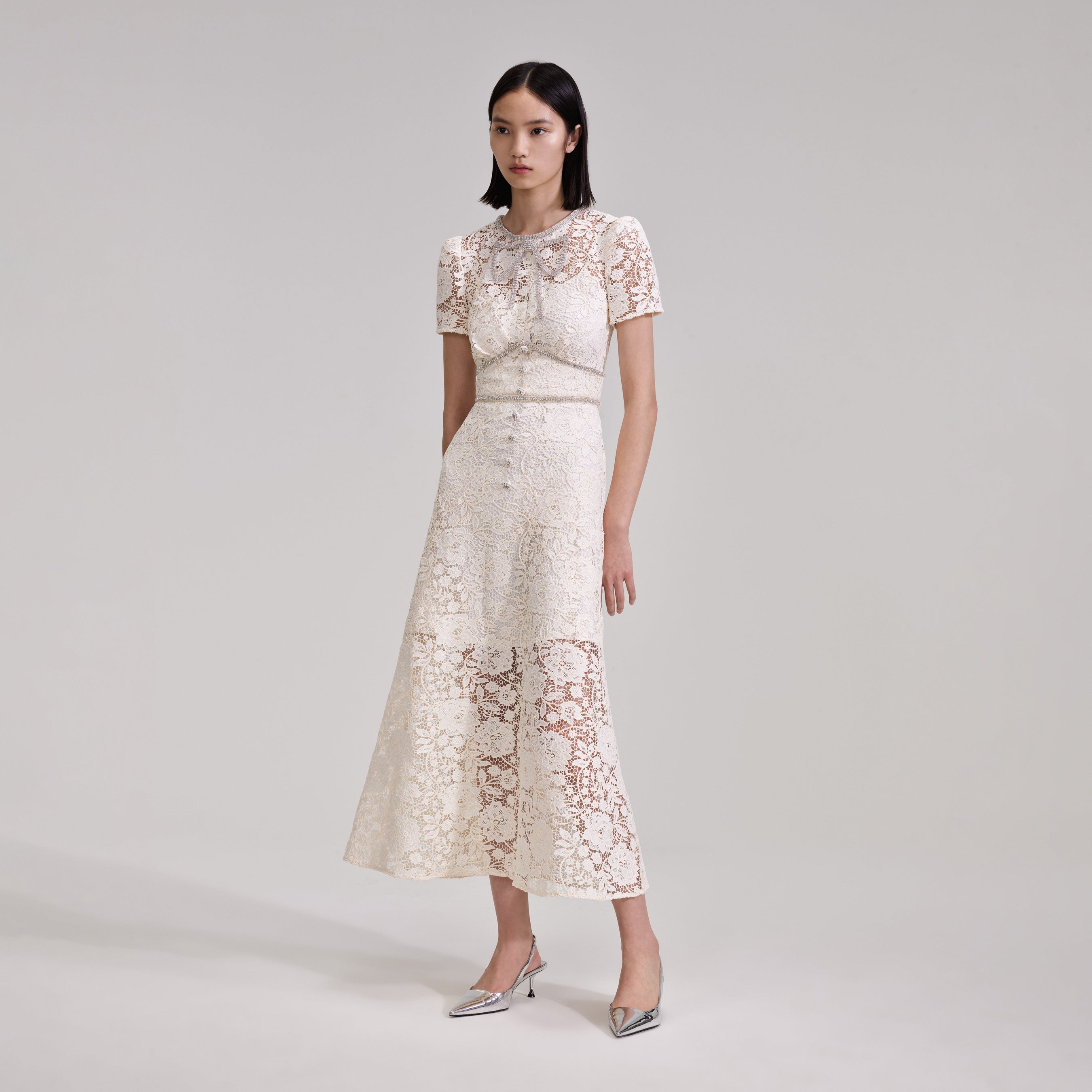 Cream Cord Lace Bow Midi Dress