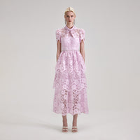 Pink Cord Lace Tiered Midi Dress