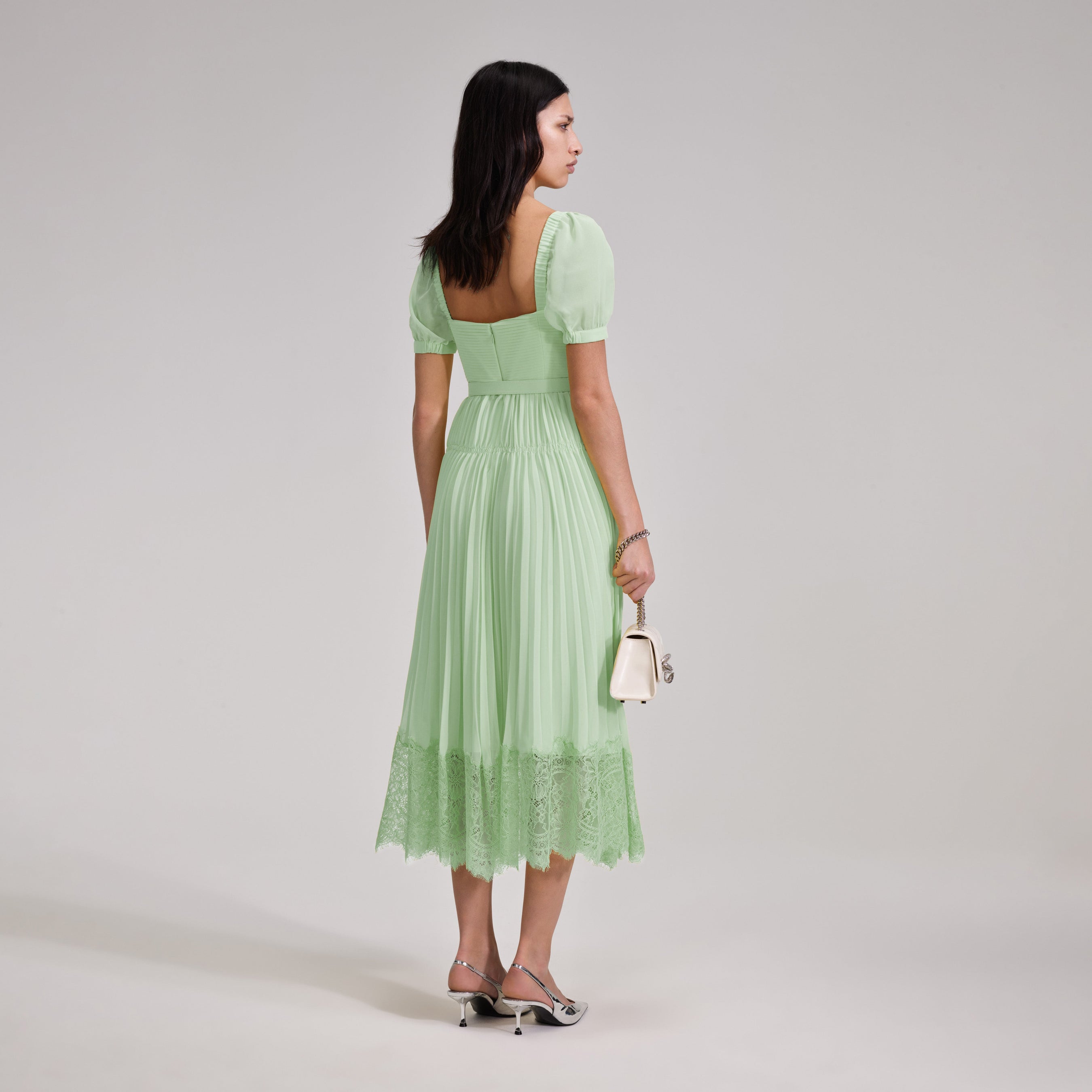 Green Chiffon Lace Detail Midi Dress