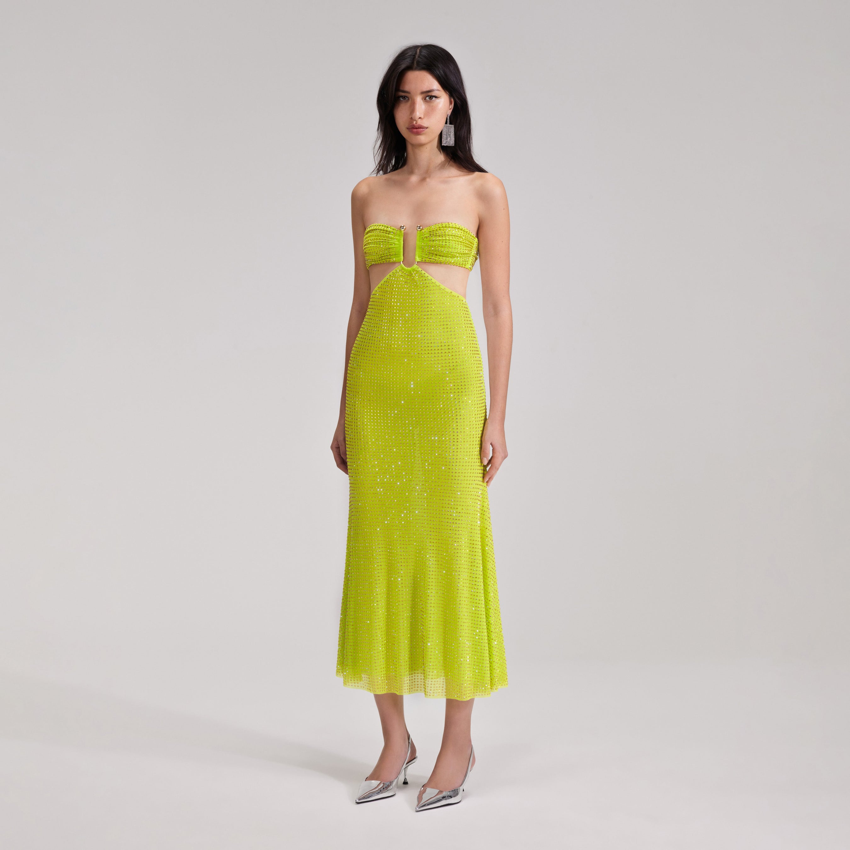 Green Rhinestone Mesh Midi Dress