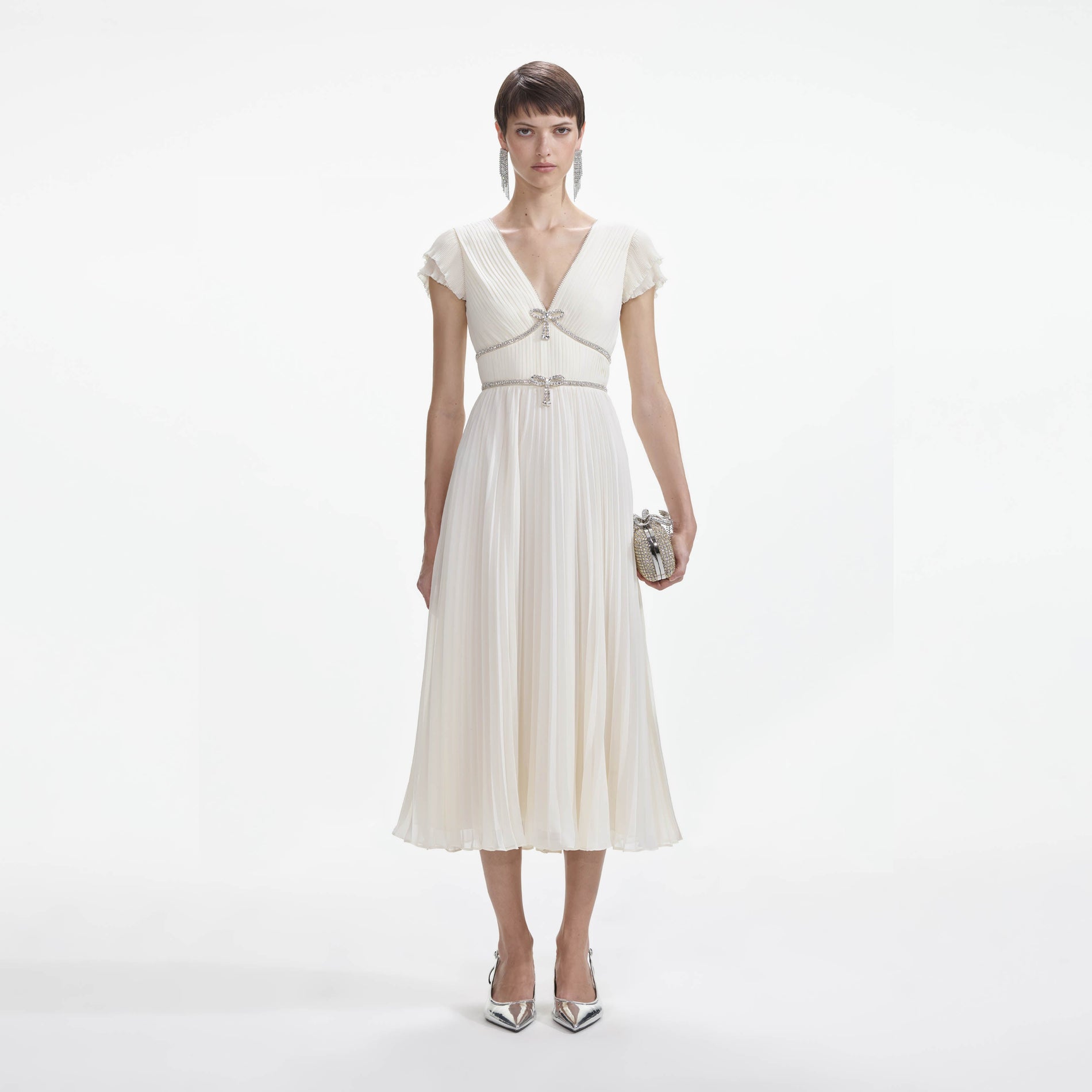 Cream Chiffon Pleated Midi Dress