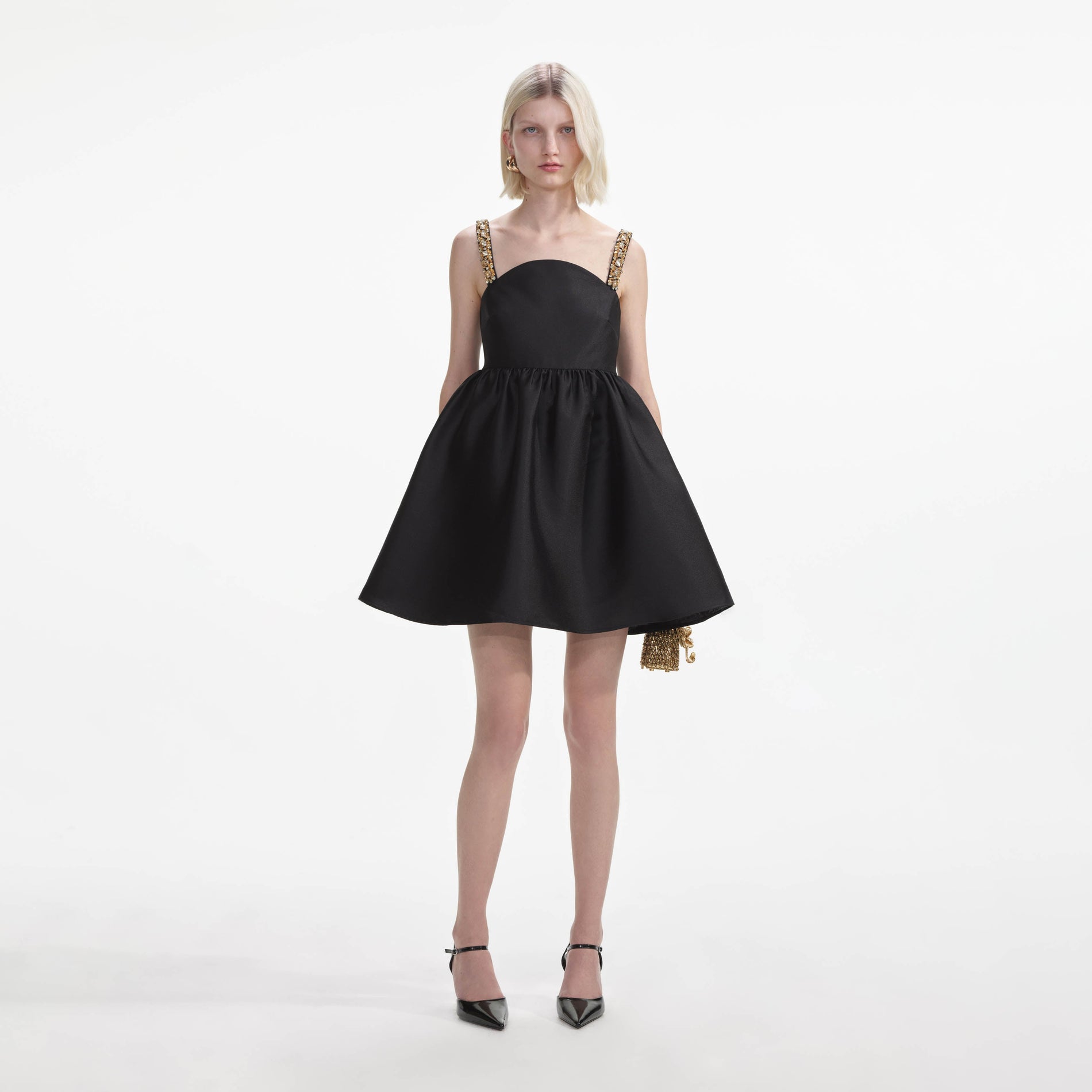 Black Taffeta Embellished Mini Dress