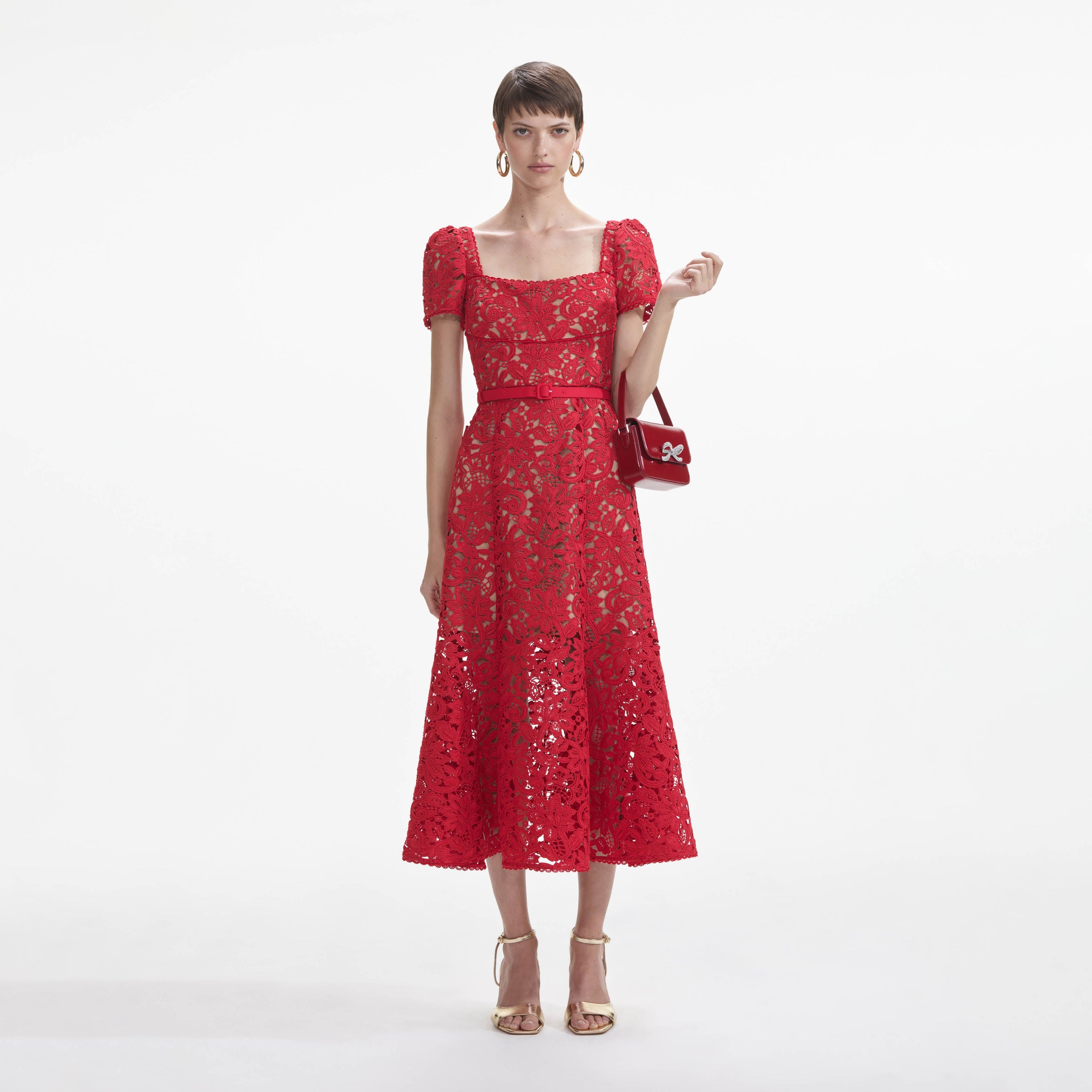 Red Floral Lace Midi Dress