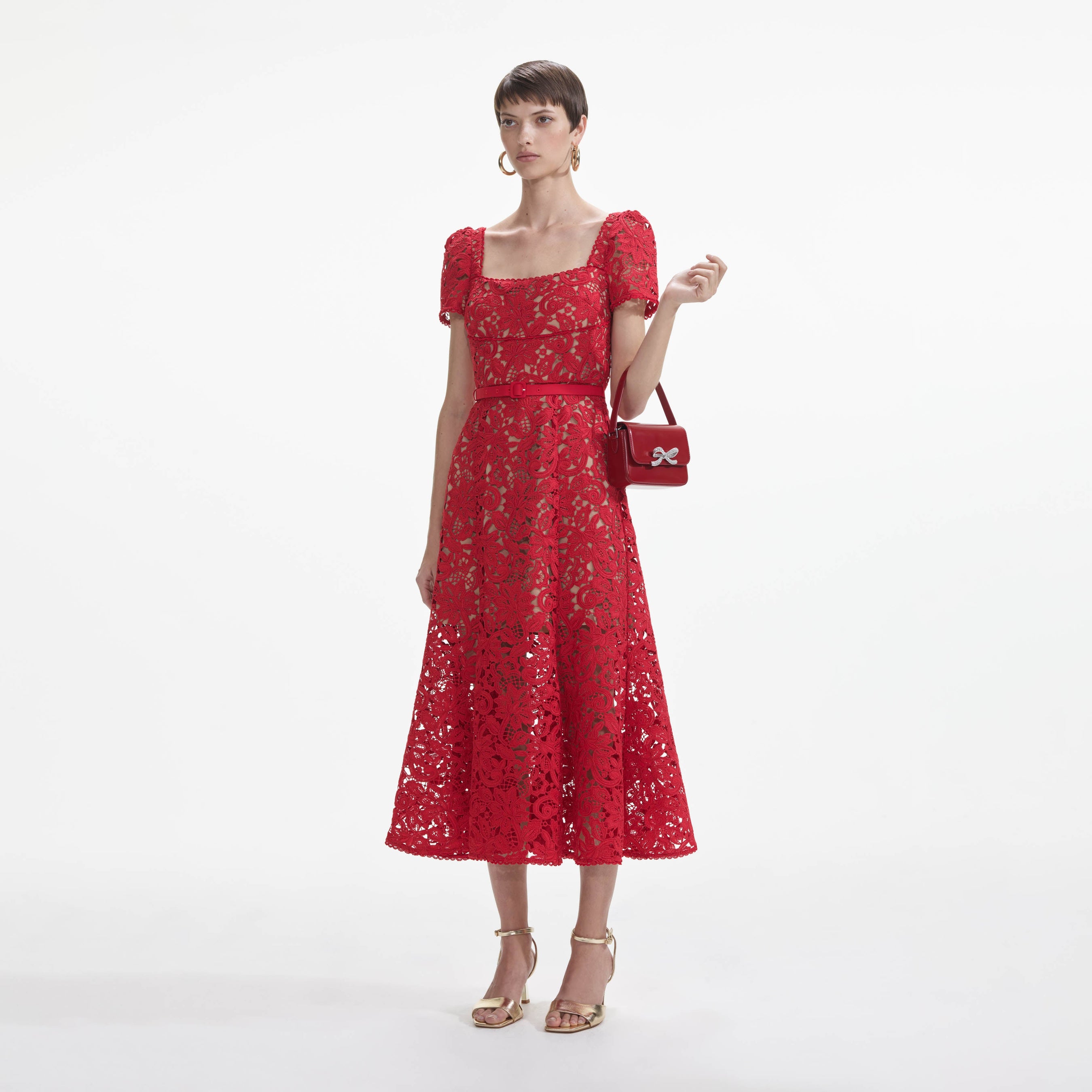 Red Floral Lace Midi Dress