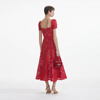 Red Floral Lace Midi Dress