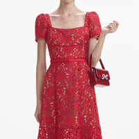 Red Floral Lace Midi Dress