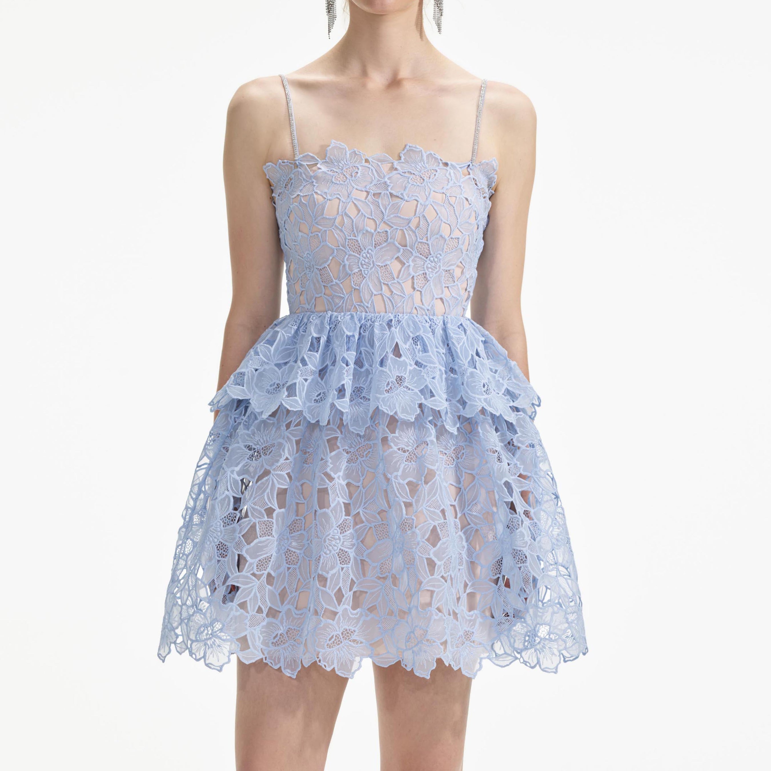 Blue Organza Lace Mini Dress