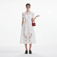 White Cotton Lace Button Midi Dress