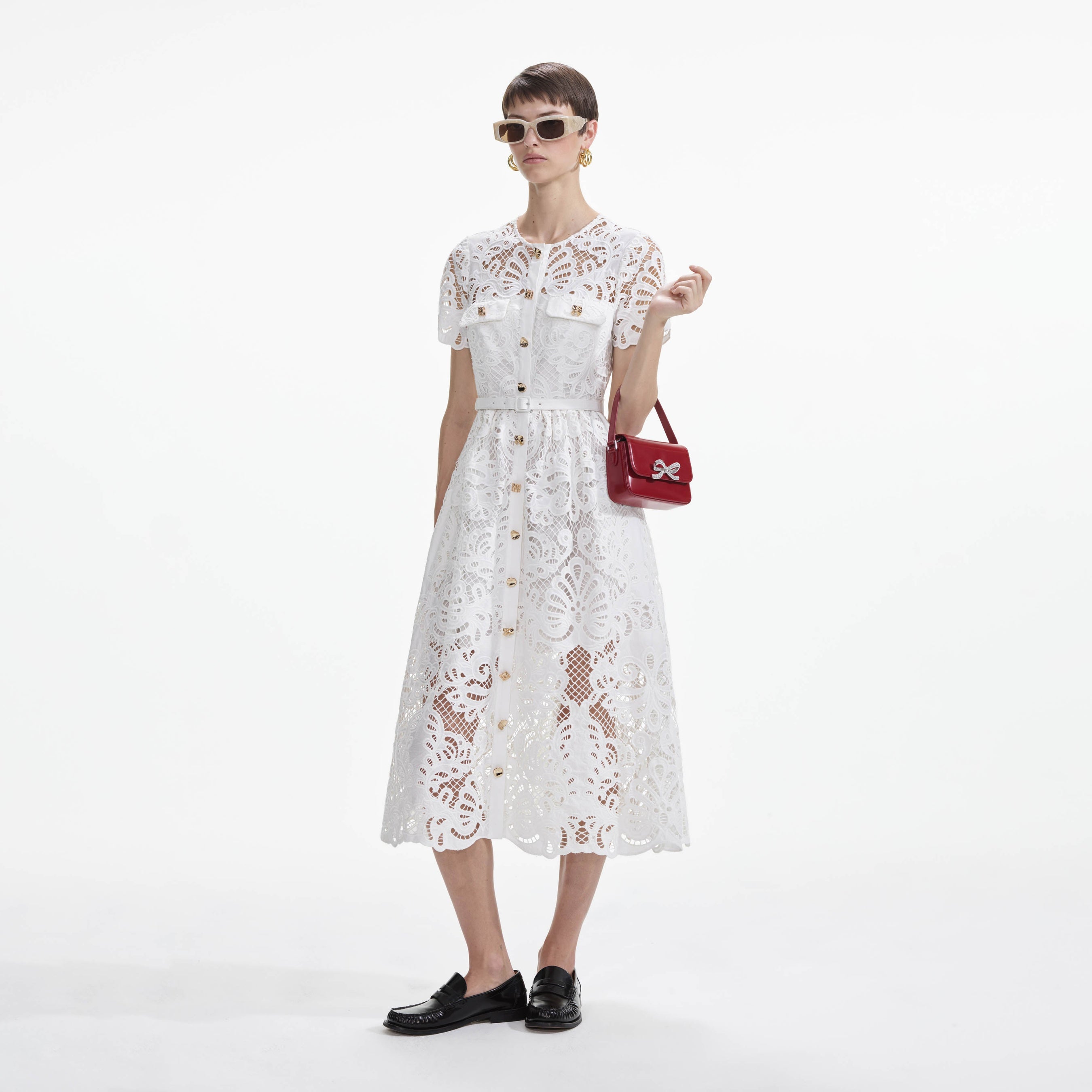 White Cotton Lace Button Midi Dress