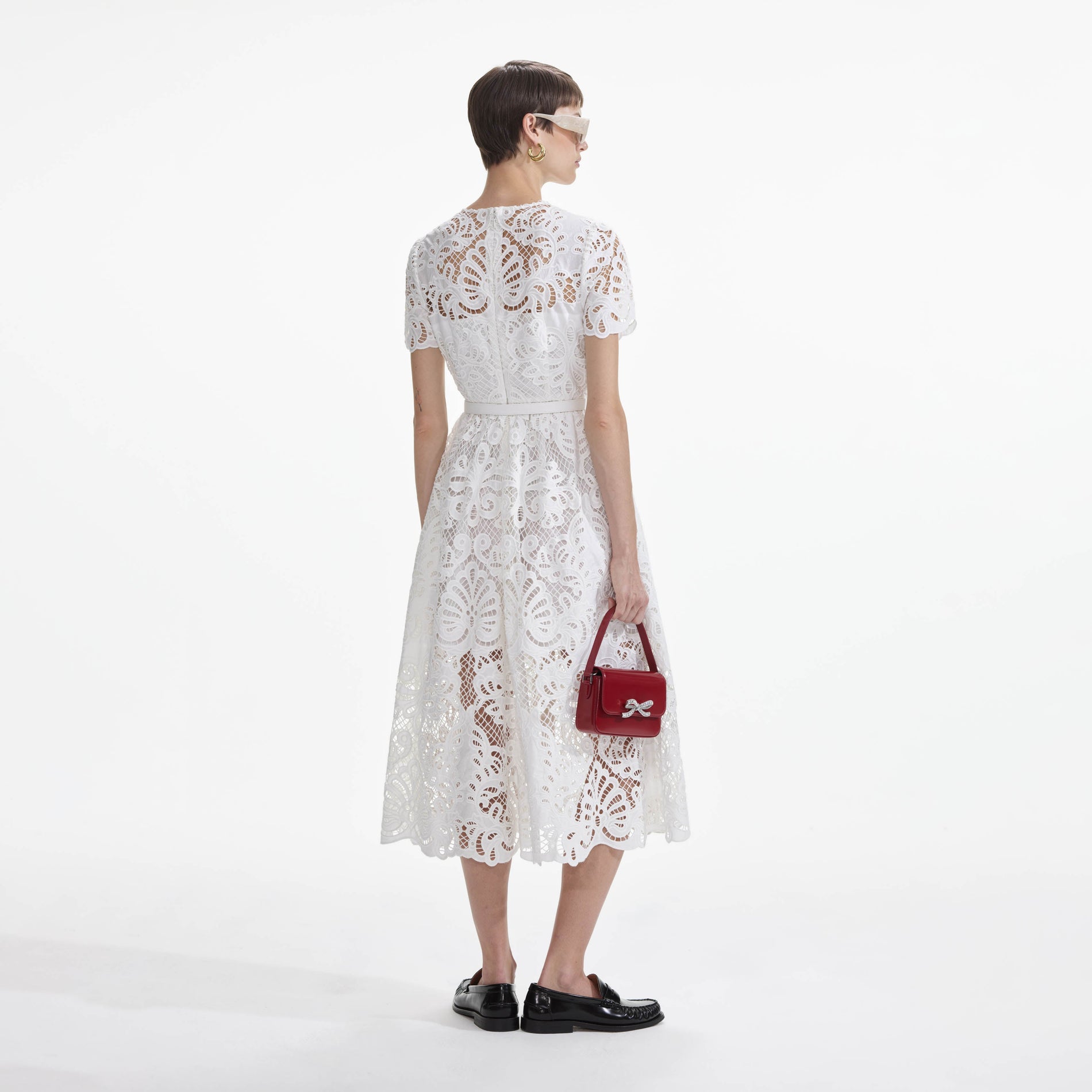 White Cotton Lace Button Midi Dress