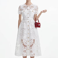 White Cotton Lace Button Midi Dress