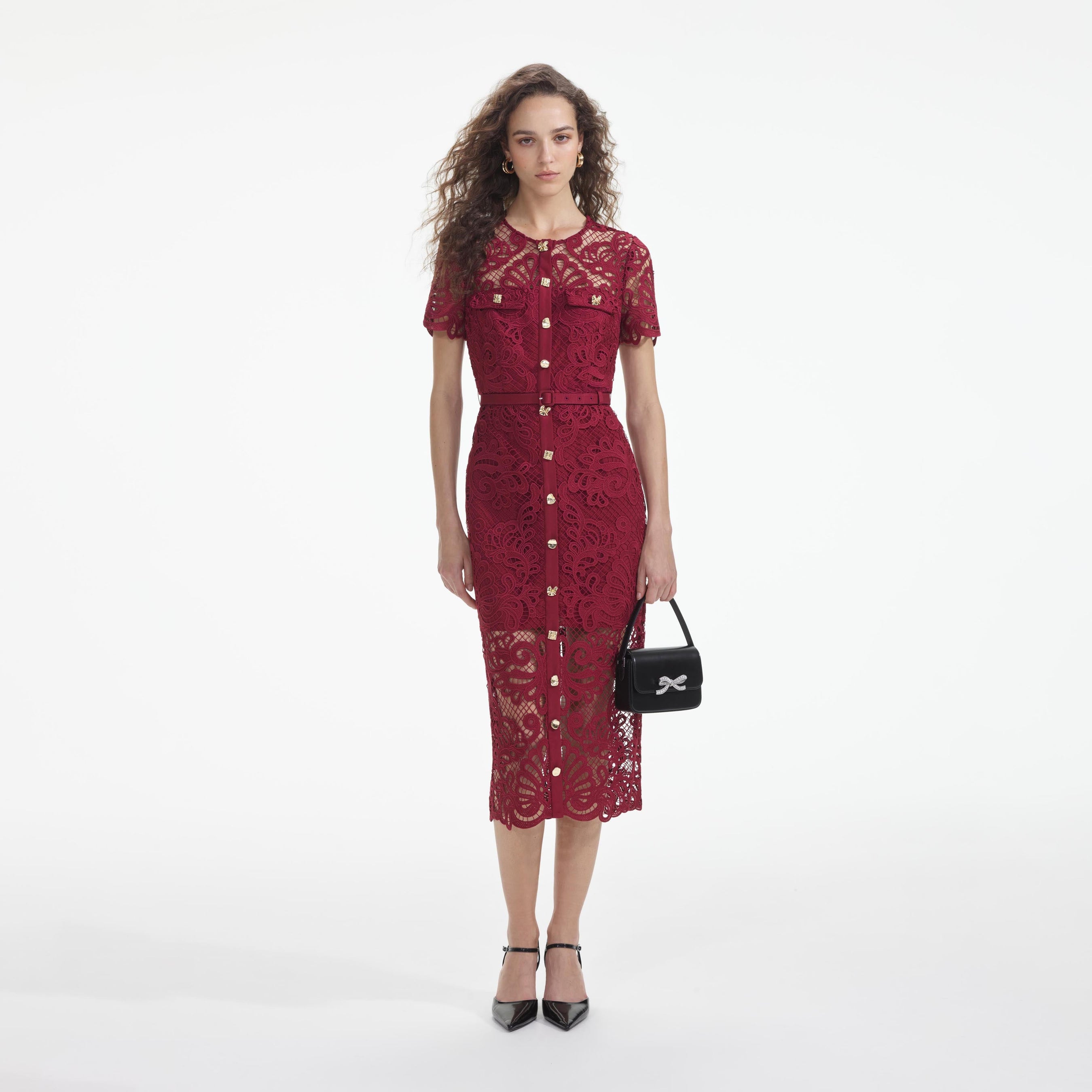 Red Guipure Lace Button Midi Dress