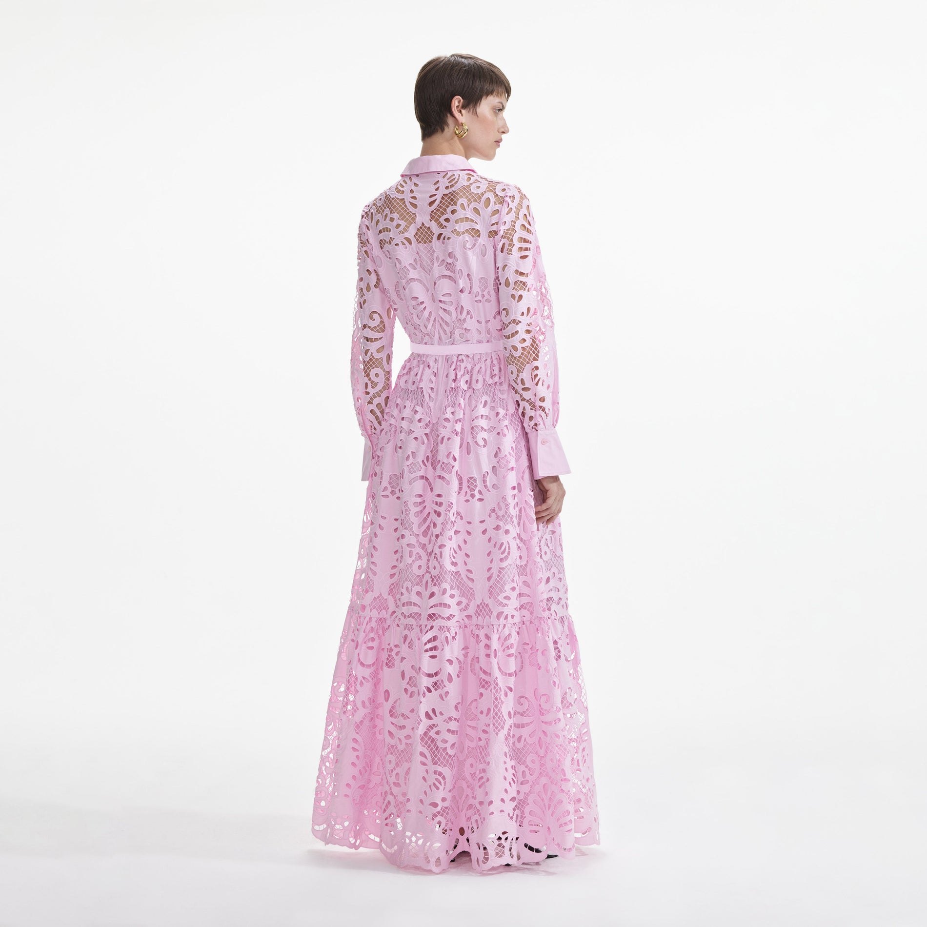 Back view of a woman wearing the Pink Cotton Lace Maxi Dress