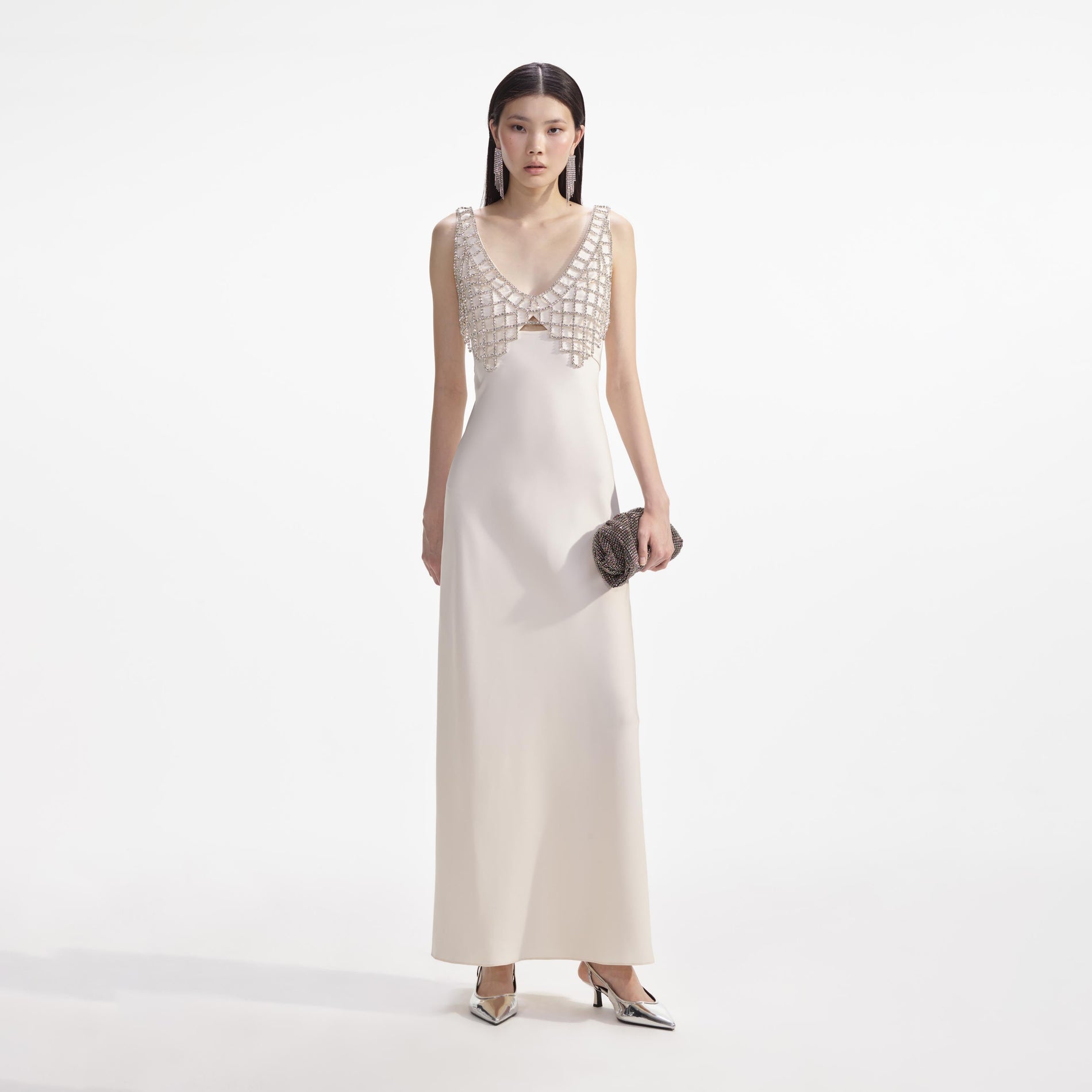 Front view of a woman wearing the Cream Satin Diamante Bralette Maxi Dress