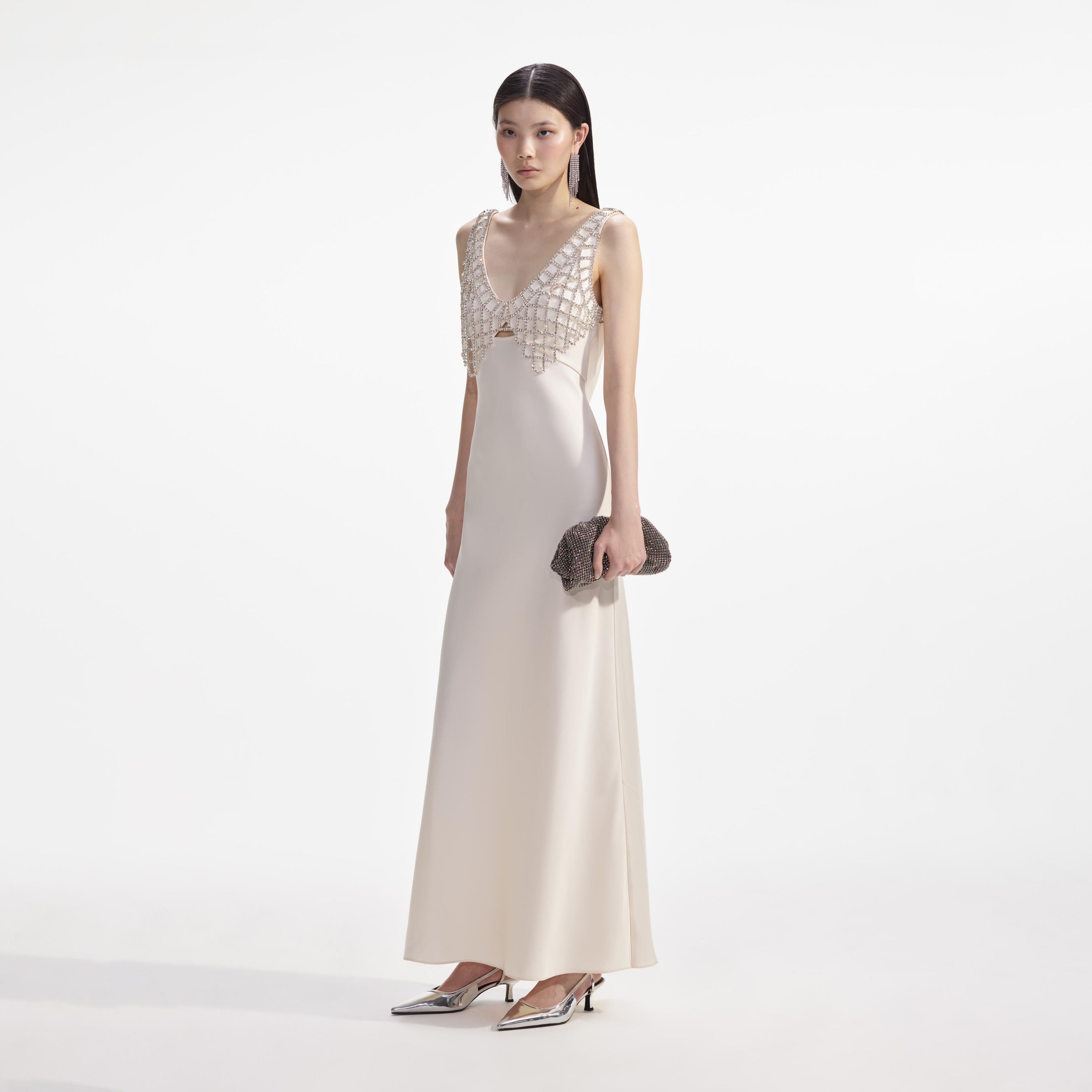 Cream Satin Diamante Bralette Maxi Dress